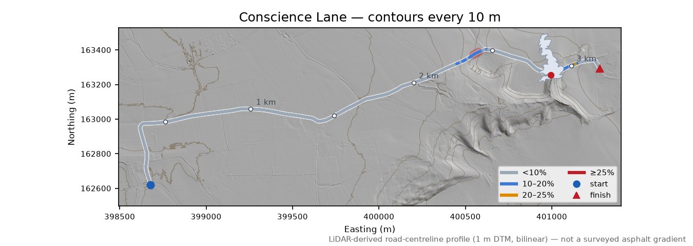 Conscience Lane LiDAR hillshade map with contours