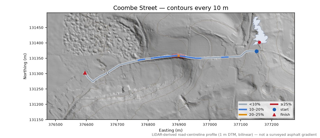 Coombe Street LiDAR hillshade map with contours