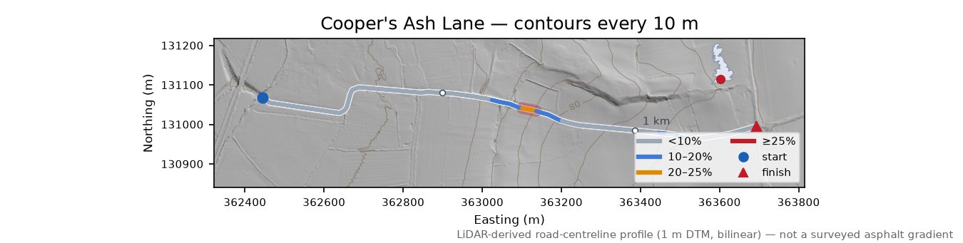 Cooper's Ash Lane LiDAR hillshade map with contours