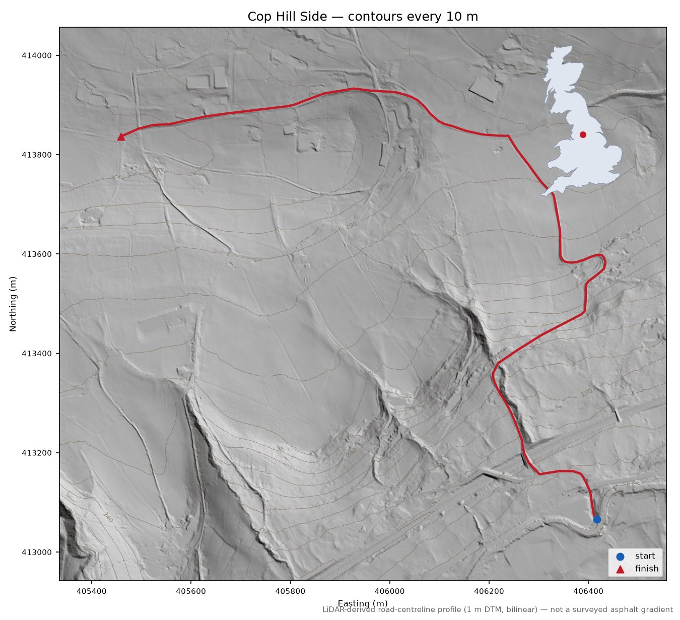 Cop Hill Side LiDAR hillshade map with contours