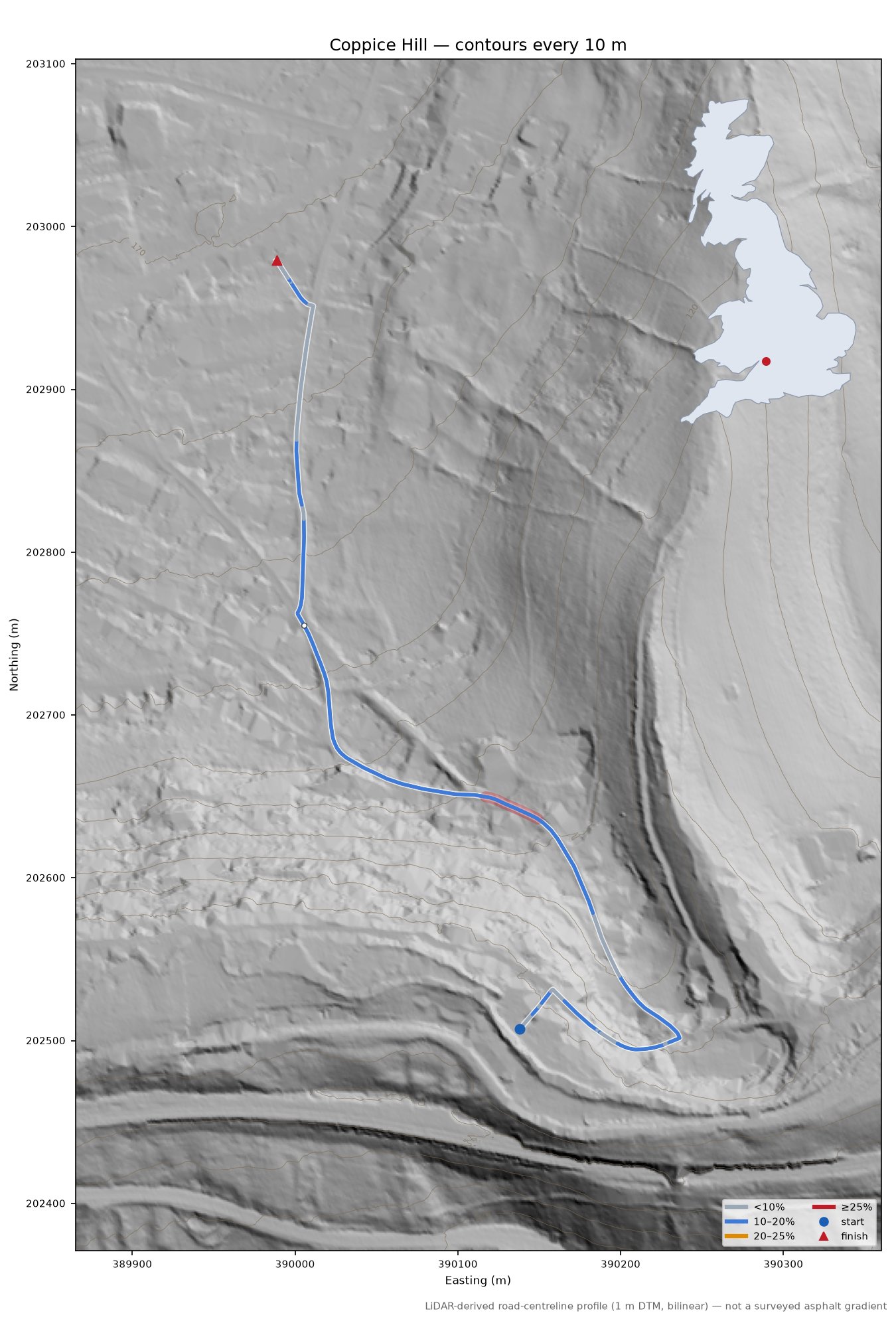 Coppice Hill LiDAR hillshade map with contours