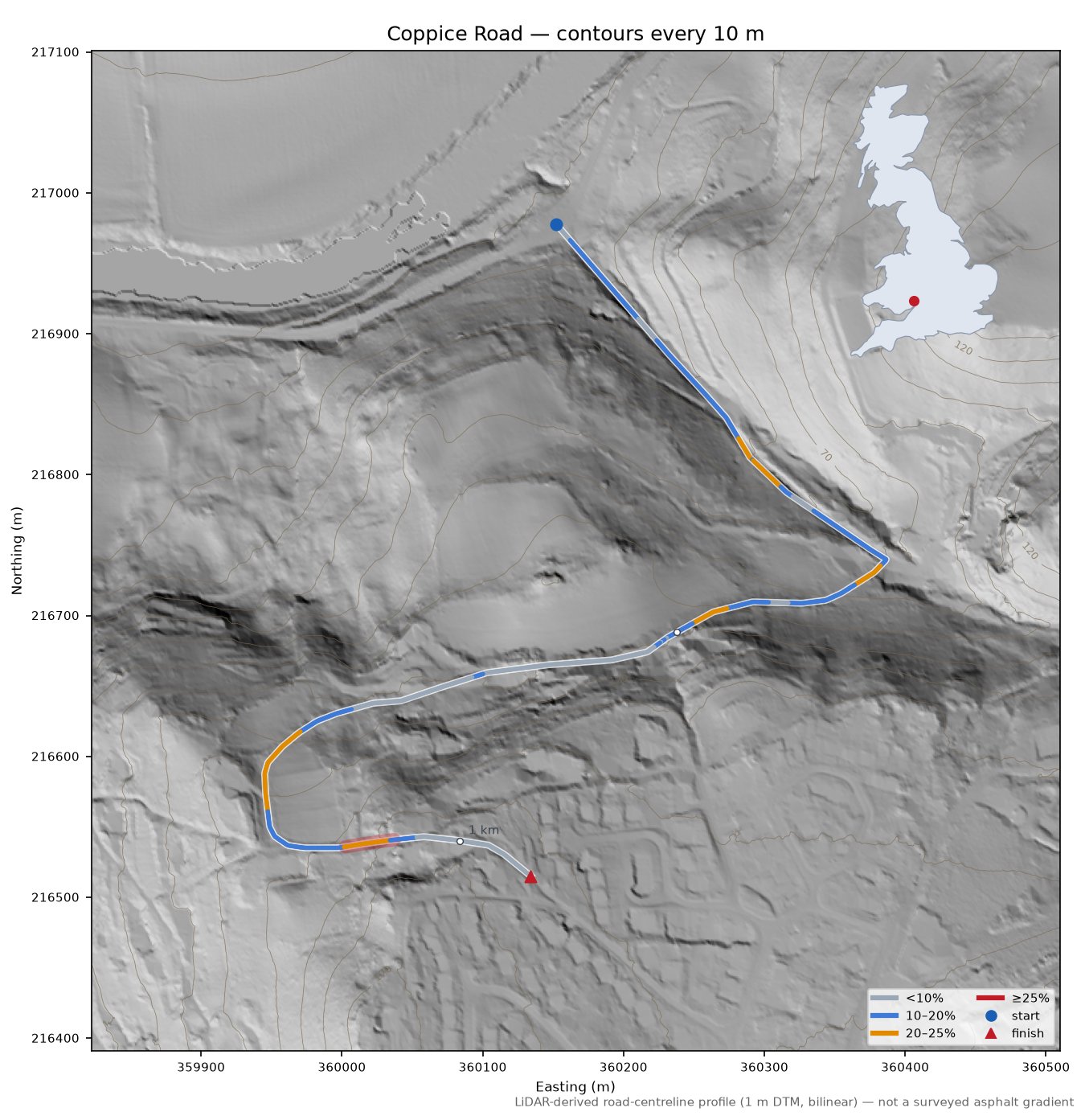 Coppice Road LiDAR hillshade map with contours