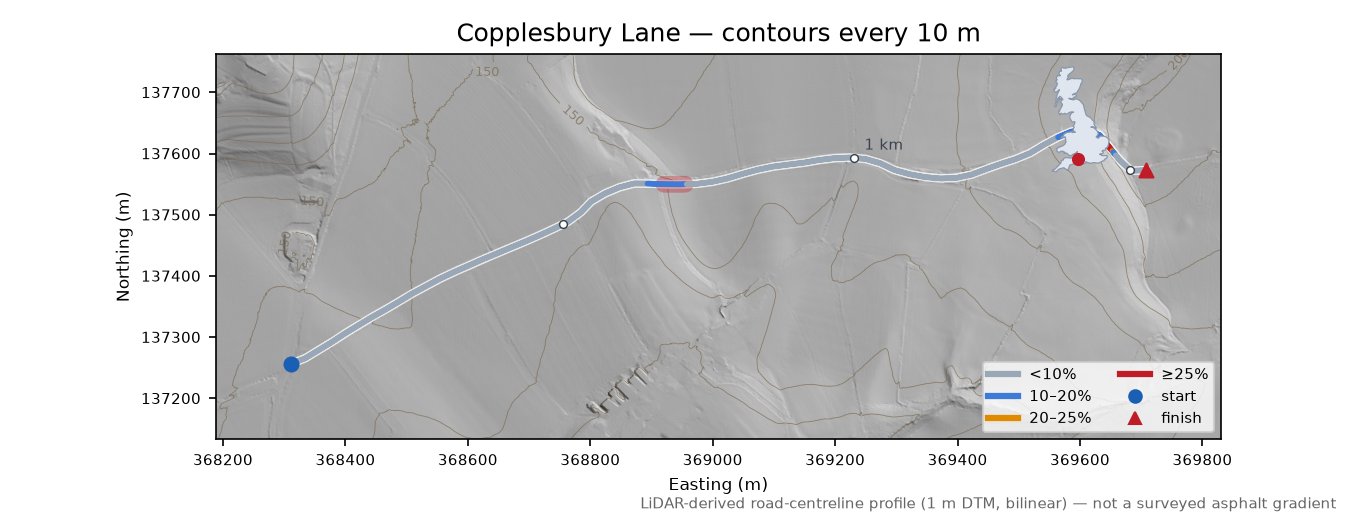 Copplesbury Lane LiDAR hillshade map with contours