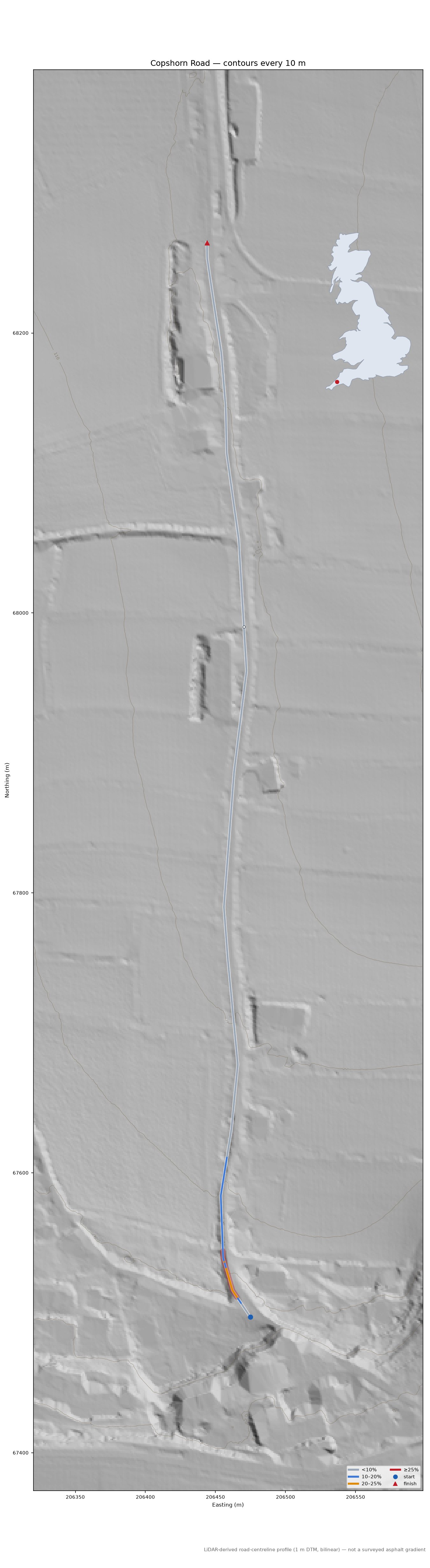 Copshorn Road LiDAR hillshade map with contours