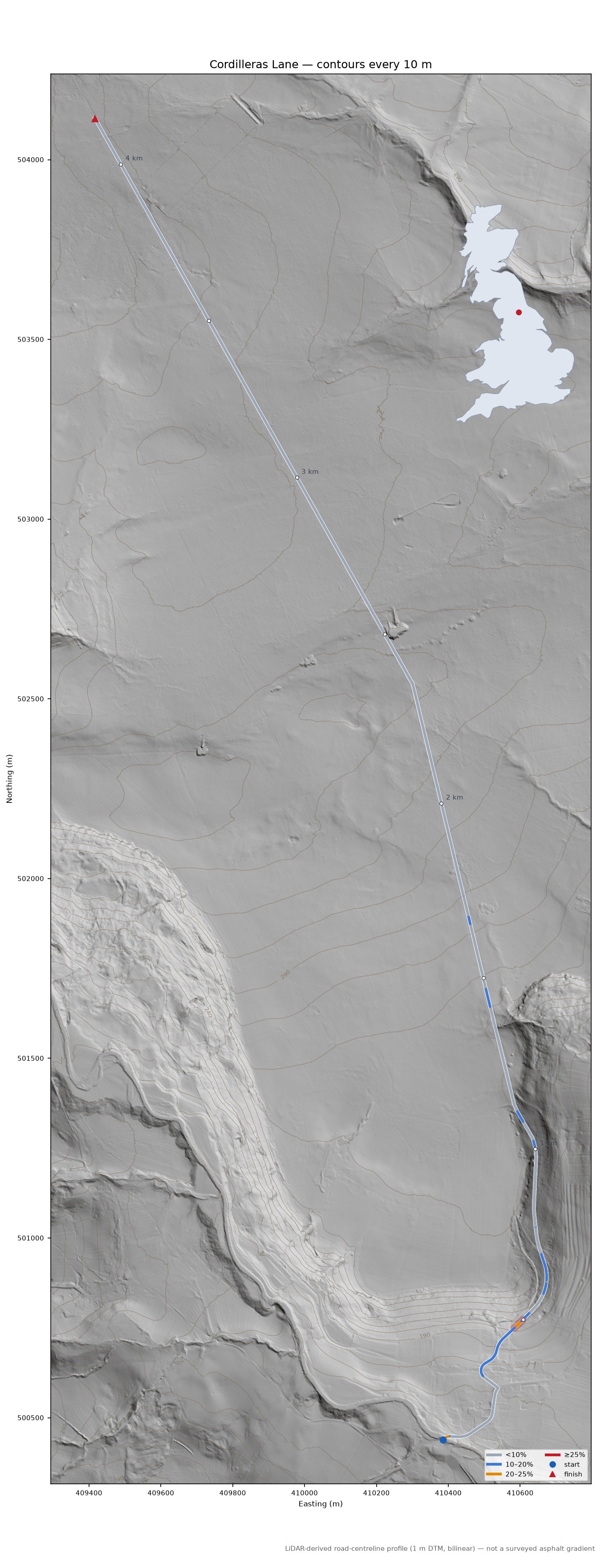 Cordilleras Lane LiDAR hillshade map with contours