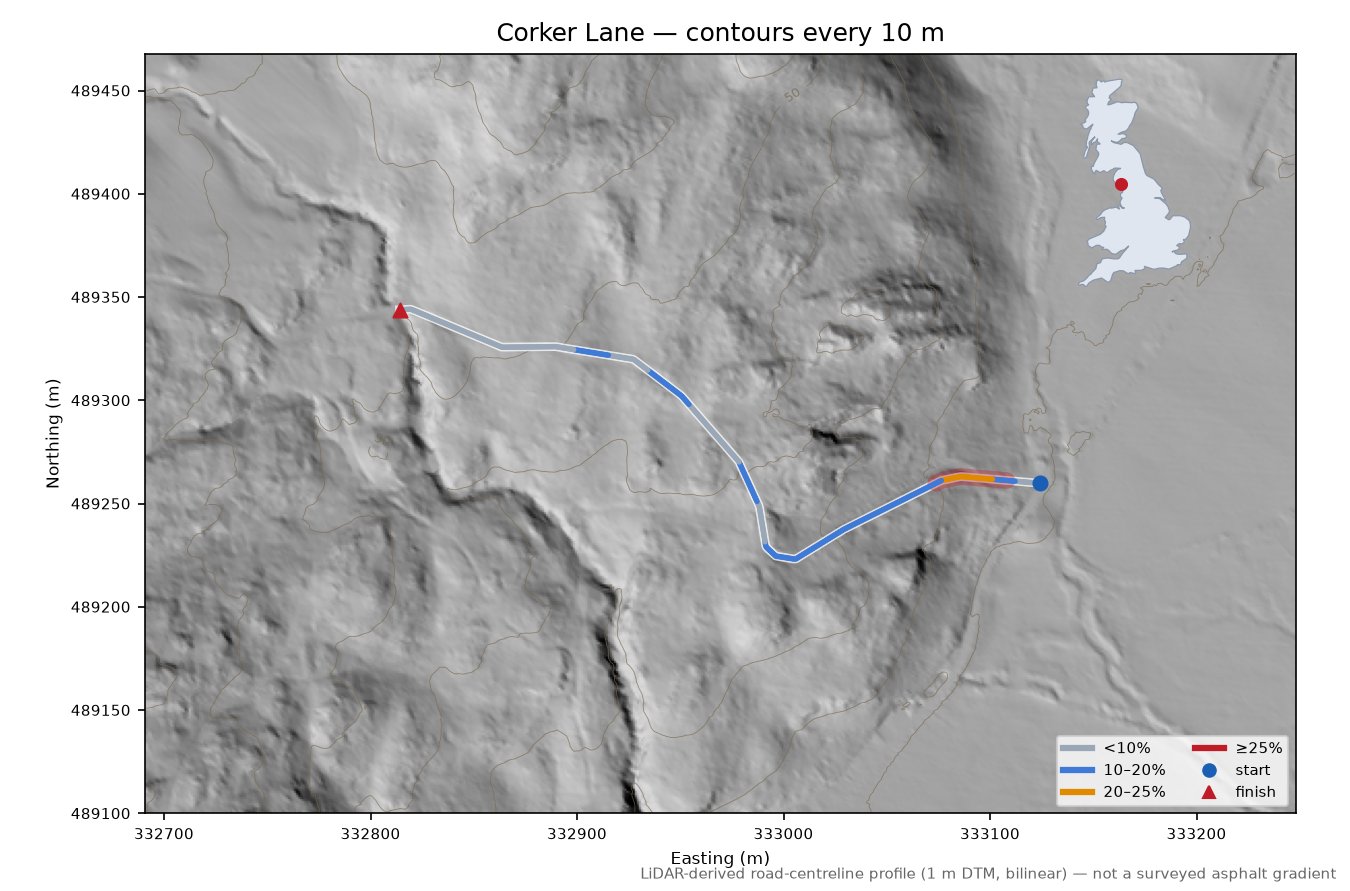 Corker Lane LiDAR hillshade map with contours