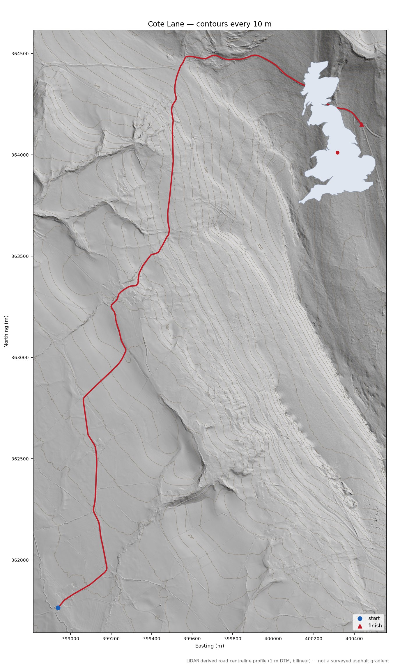 Cote Lane LiDAR hillshade map with contours