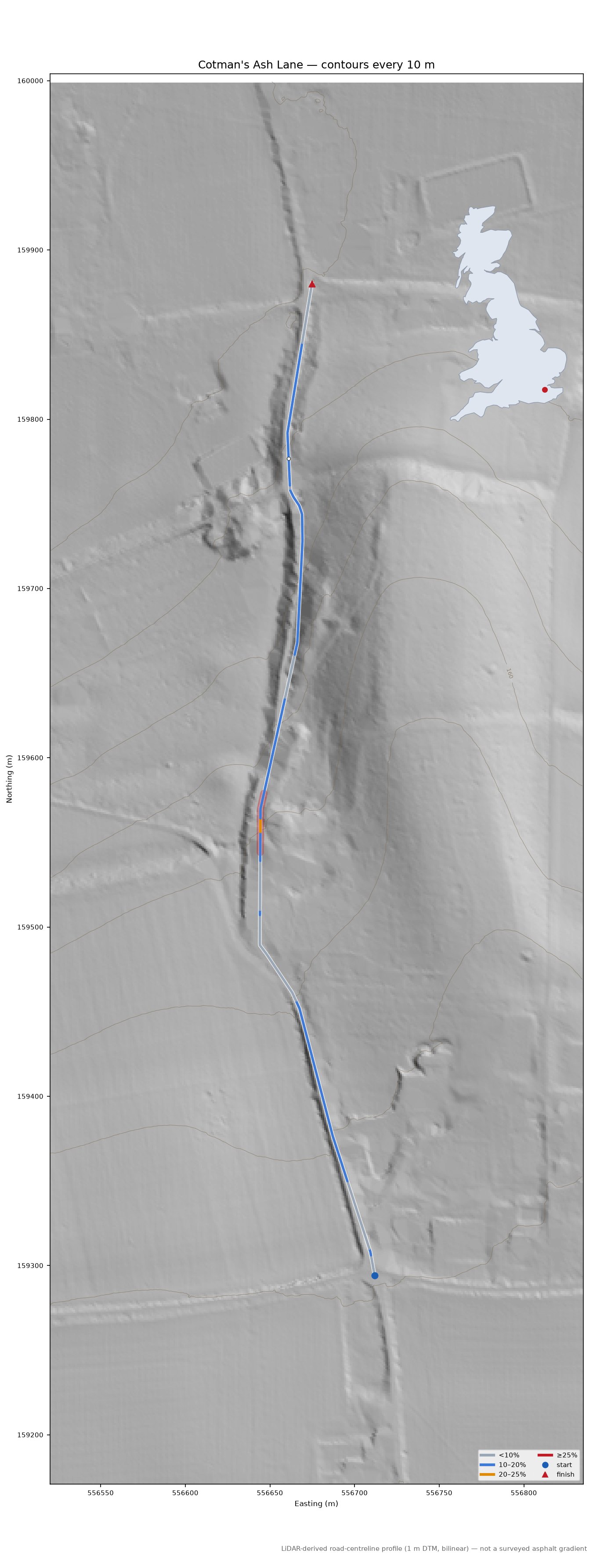 Cotman's Ash Lane LiDAR hillshade map with contours