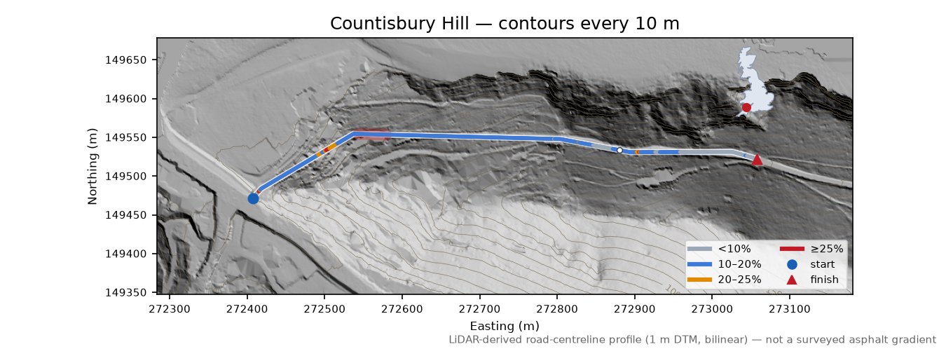Countisbury Hill LiDAR hillshade map with contours