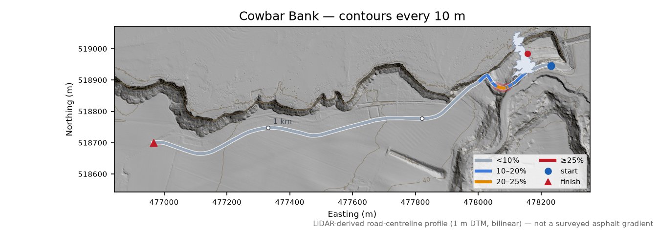 Cowbar Bank LiDAR hillshade map with contours