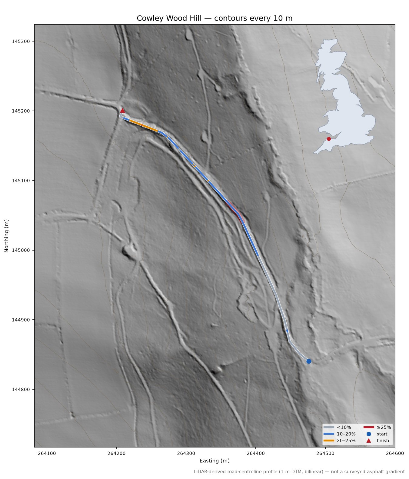 Cowley Wood Hill LiDAR hillshade map with contours