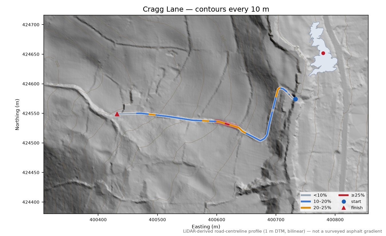 Cragg Lane LiDAR hillshade map with contours