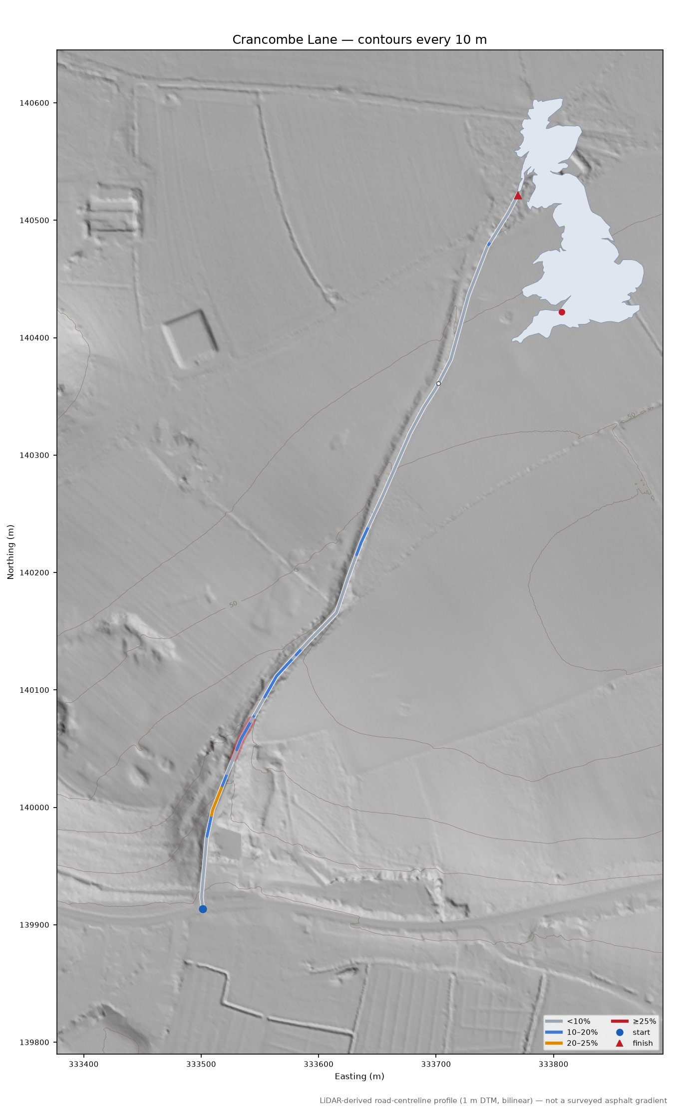 Crancombe Lane LiDAR hillshade map with contours