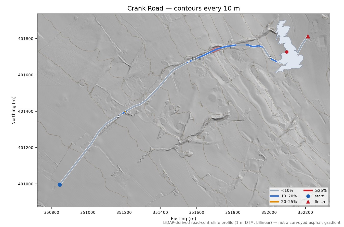 Crank Road LiDAR hillshade map with contours