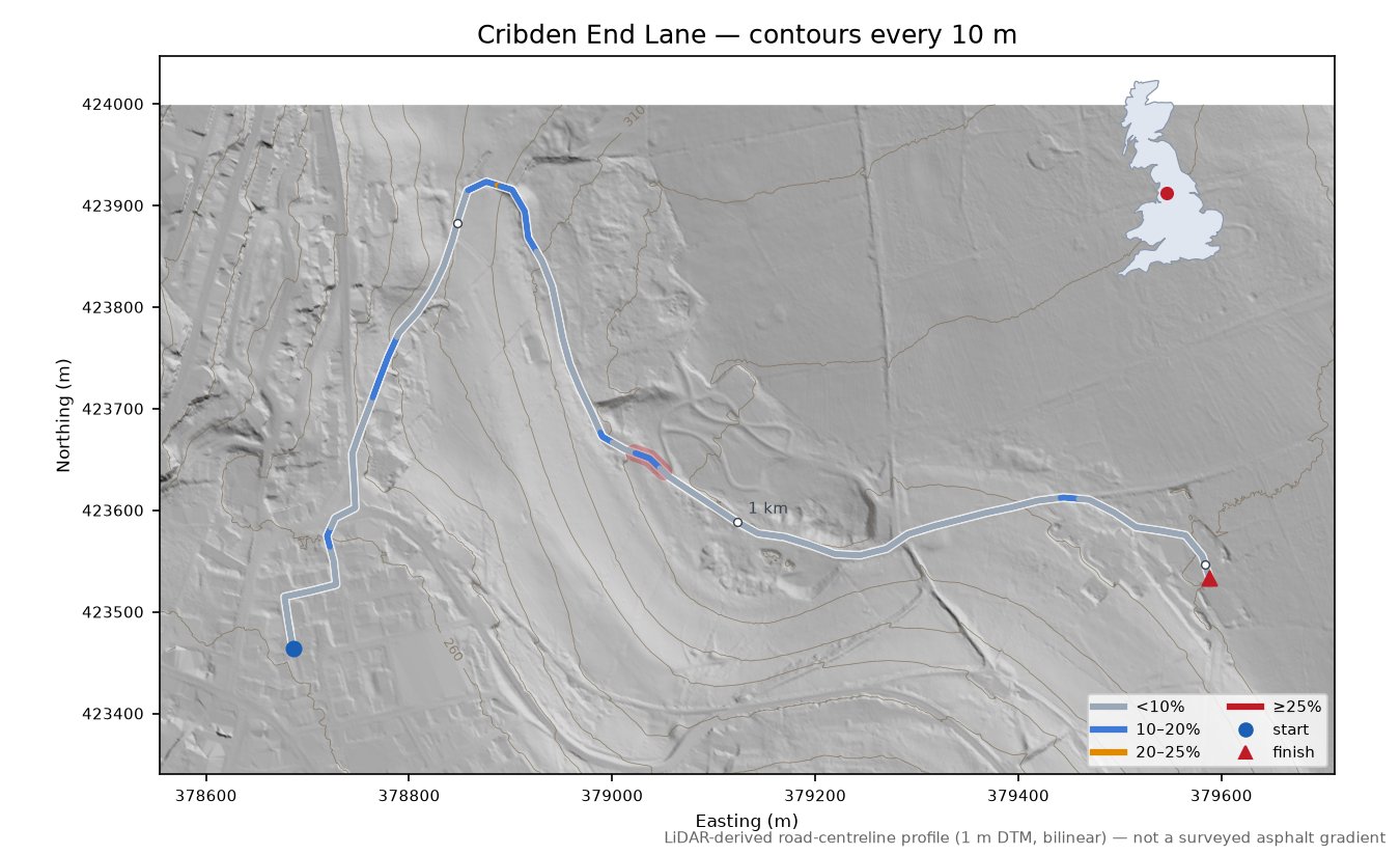 Cribden End Lane LiDAR hillshade map with contours