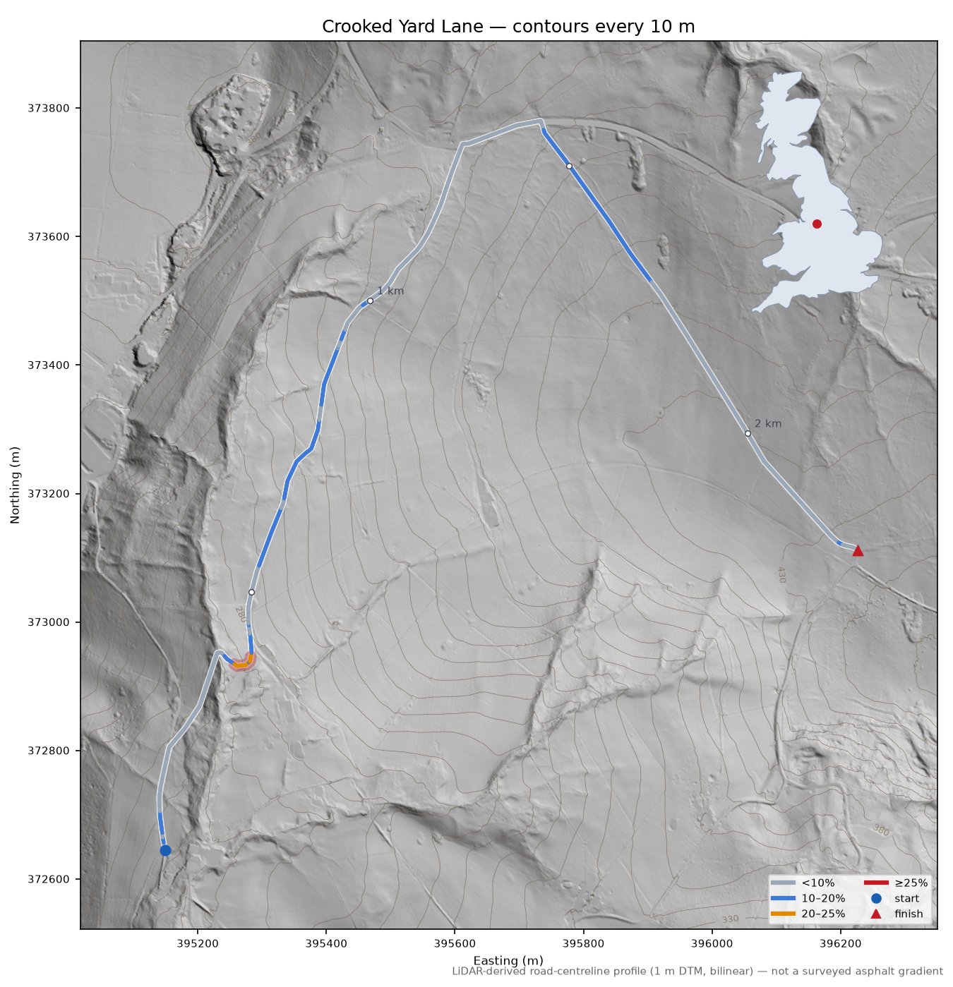 Crooked Yard Lane LiDAR hillshade map with contours