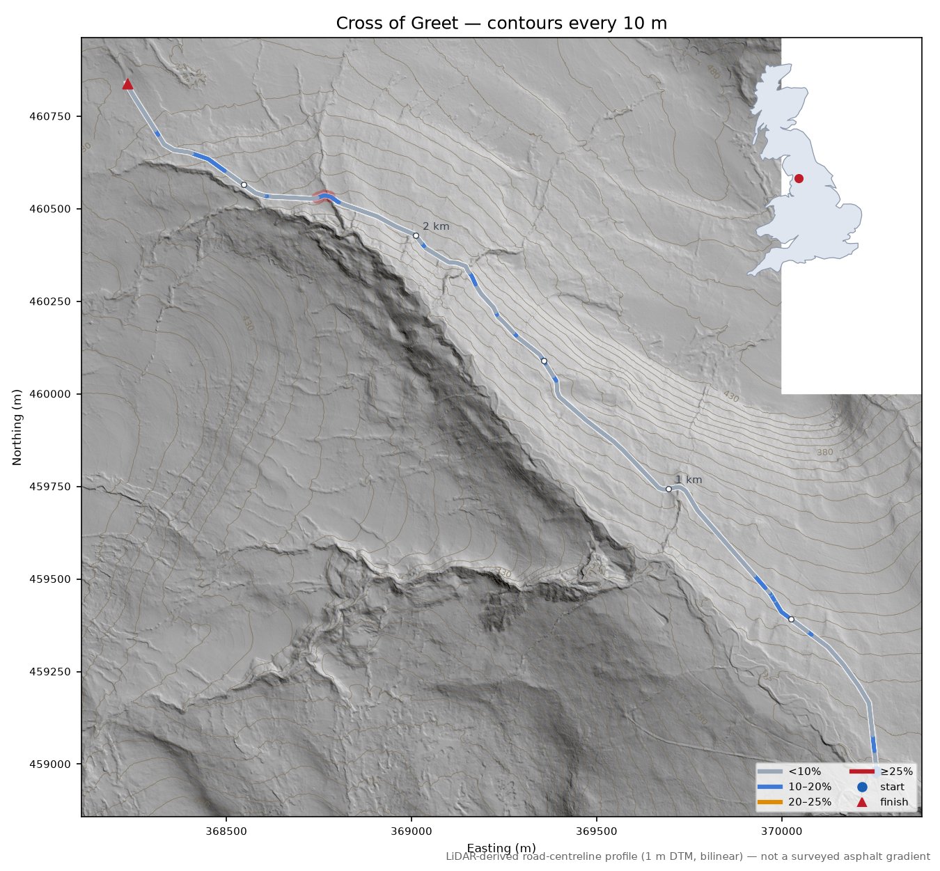 Cross of Greet LiDAR hillshade map with contours