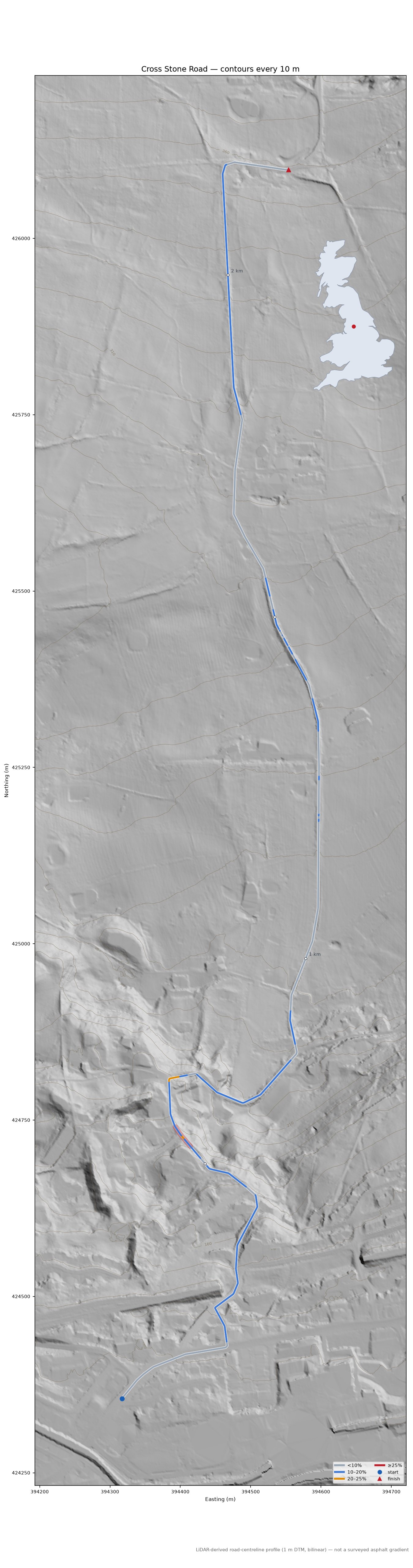 Cross Stone Road LiDAR hillshade map with contours