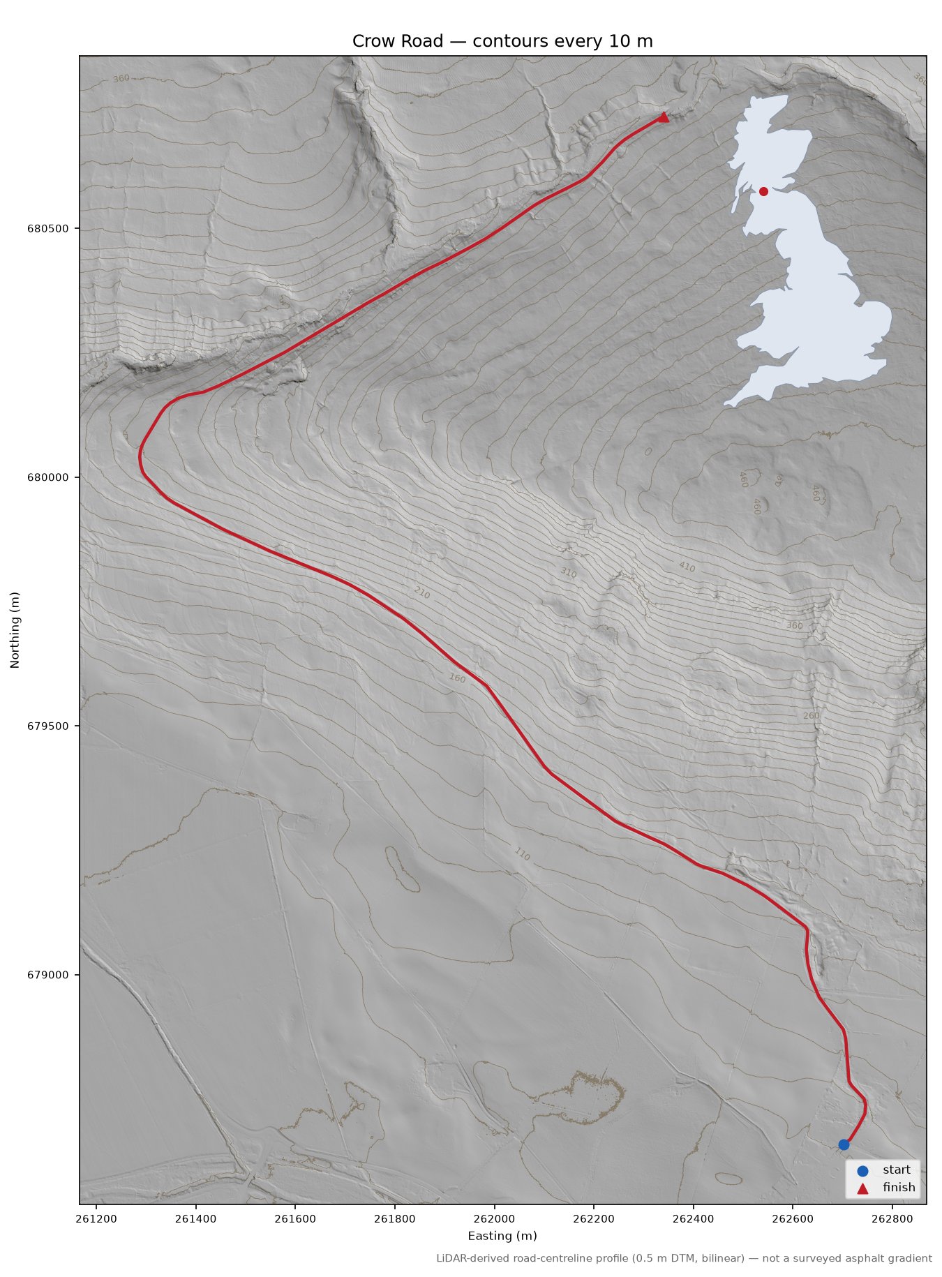 Crow Road LiDAR hillshade map with contours
