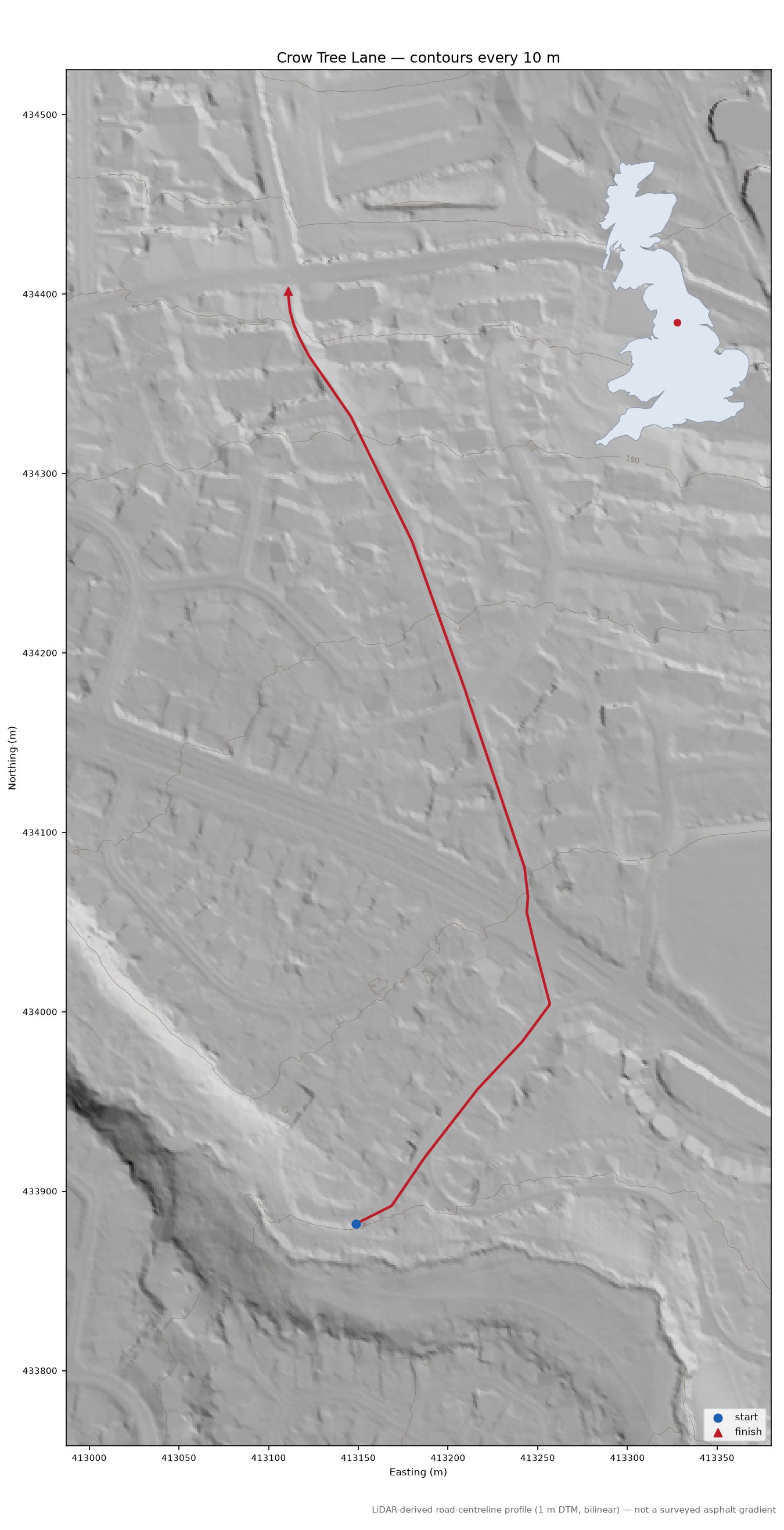 Crow Tree Lane LiDAR hillshade map with contours