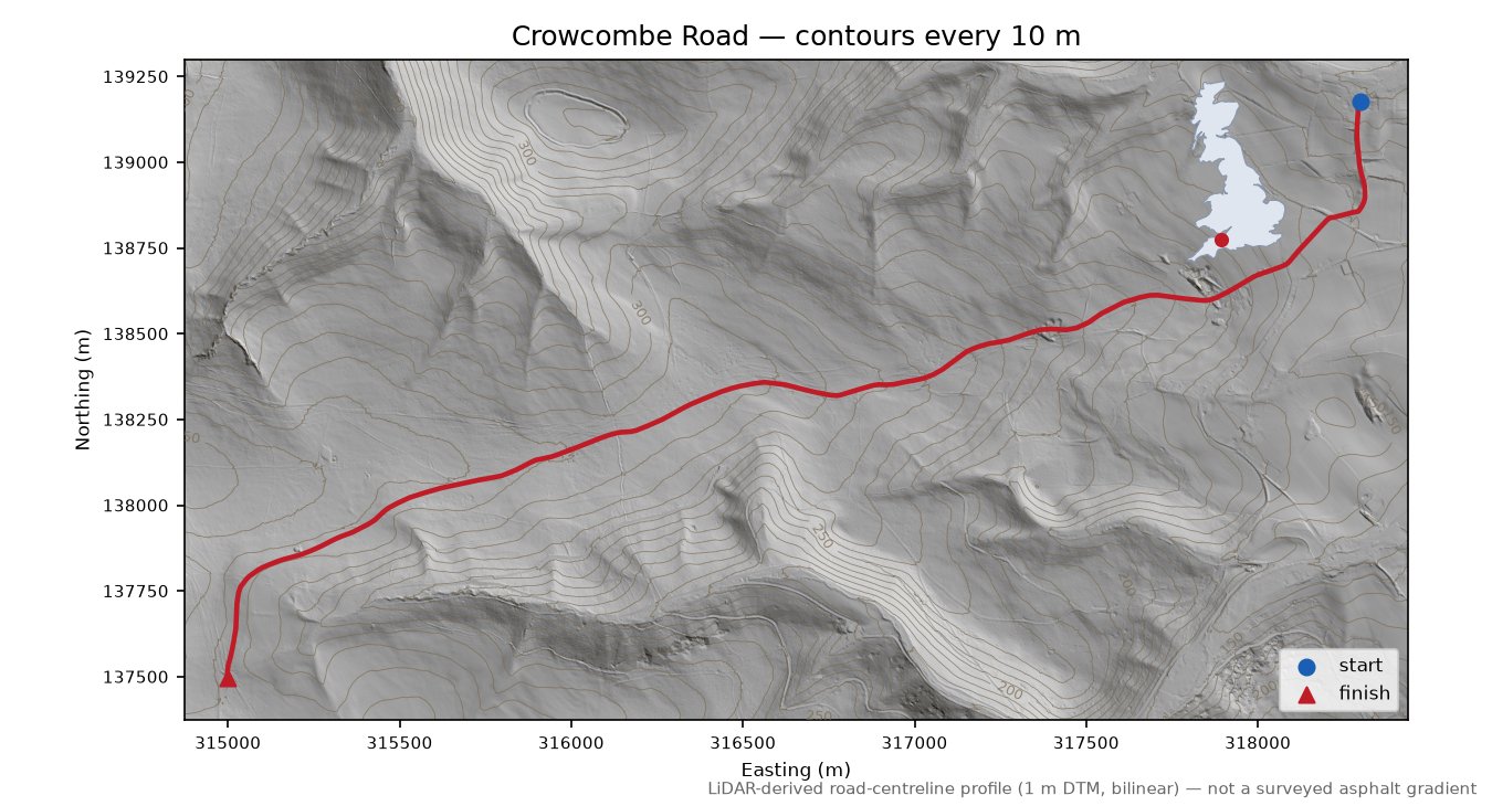 Crowcombe Road LiDAR hillshade map with contours