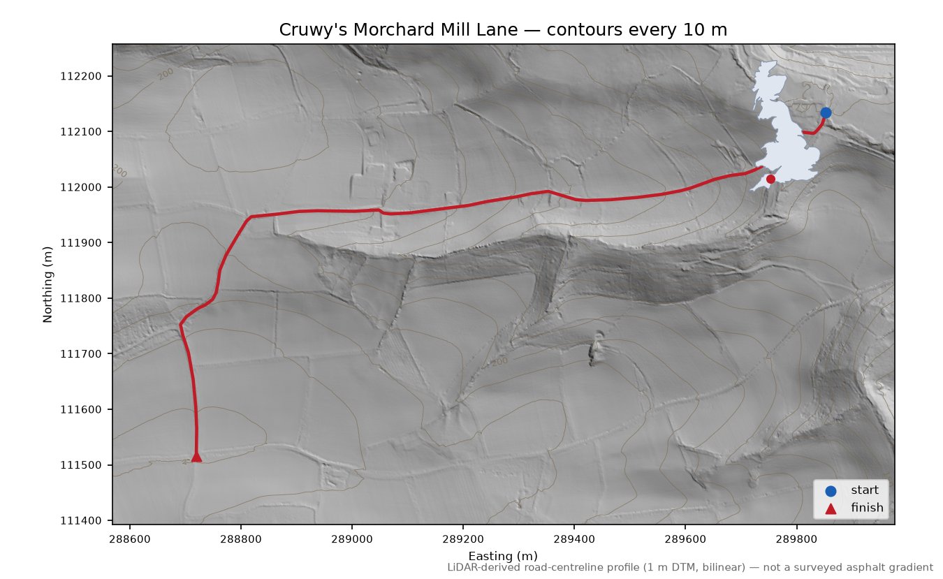 Cruwy's Morchard Mill Lane LiDAR hillshade map with contours
