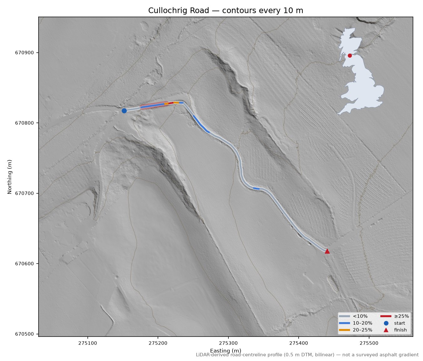 Cullochrig Road LiDAR hillshade map with contours