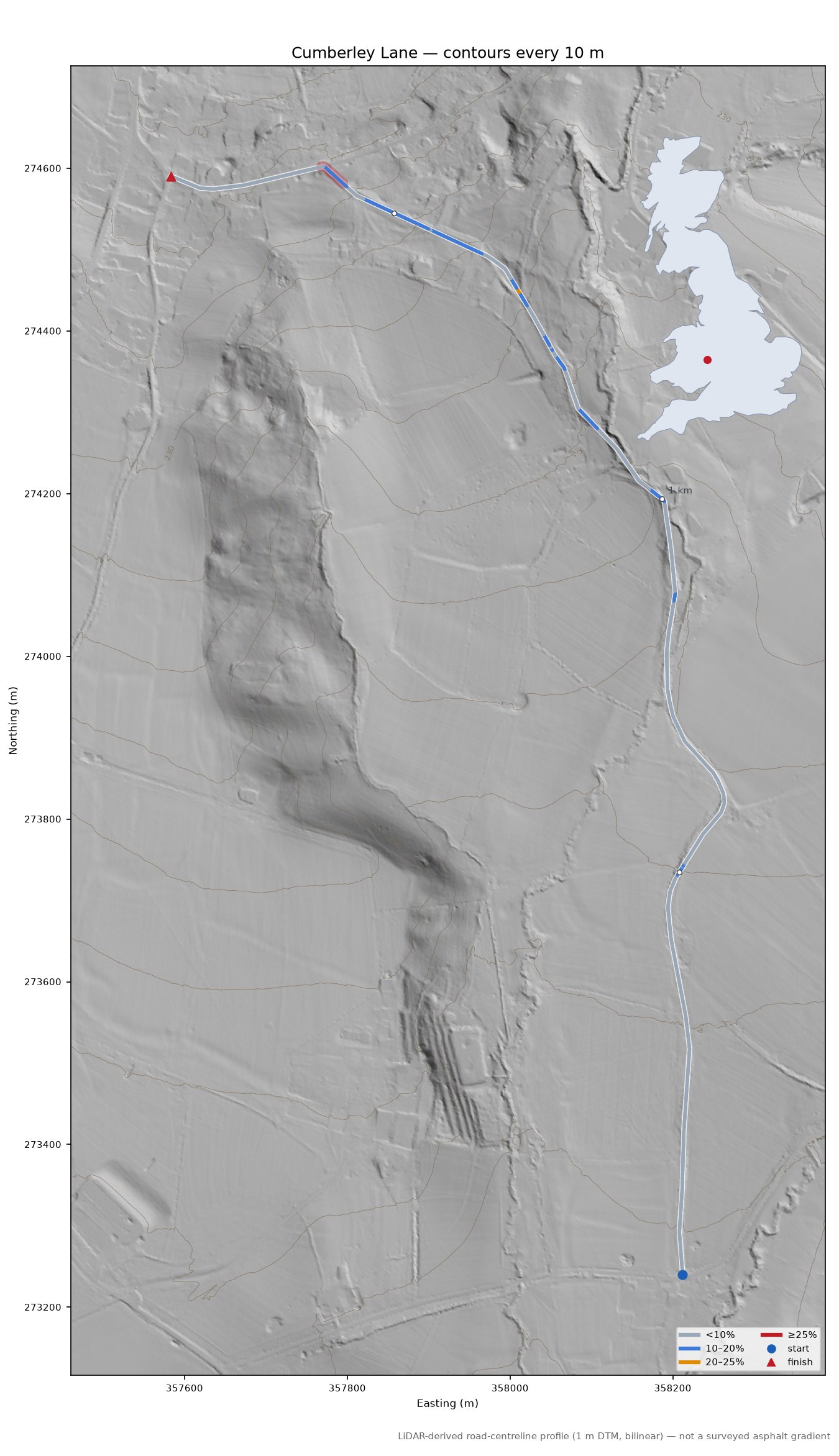 Cumberley Lane LiDAR hillshade map with contours
