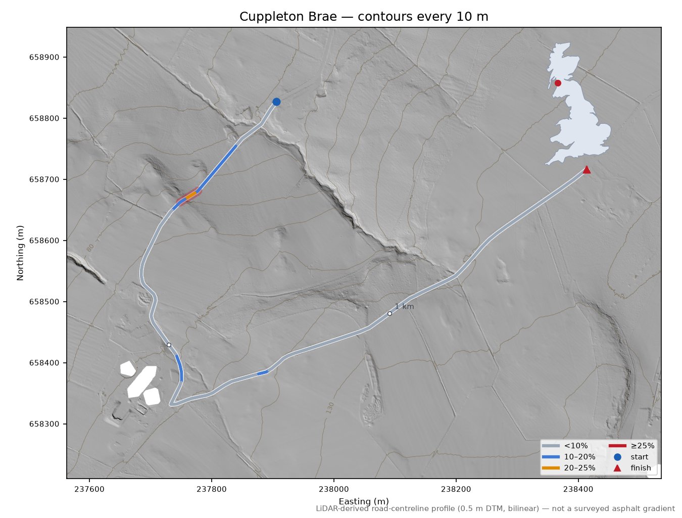 Cuppleton Brae LiDAR hillshade map with contours