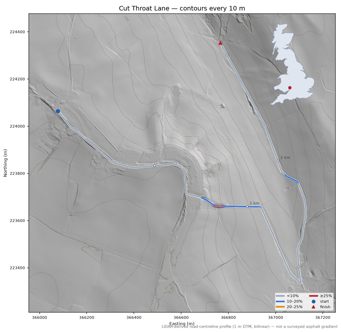 Cut Throat Lane LiDAR hillshade map with contours