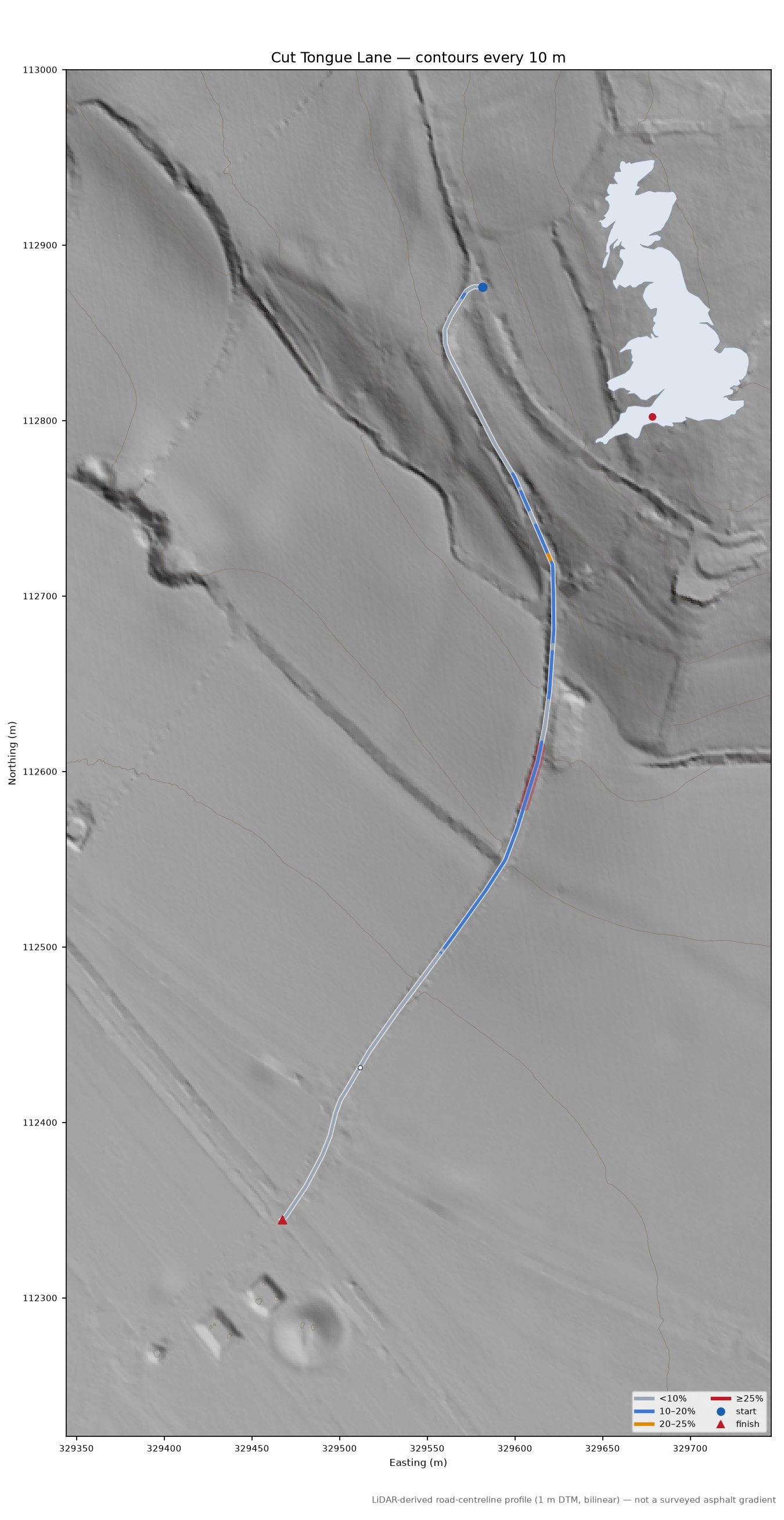 Cut Tongue Lane LiDAR hillshade map with contours