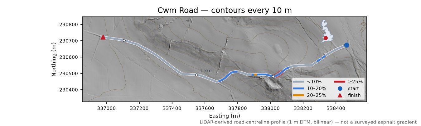 Cwm Road LiDAR hillshade map with contours