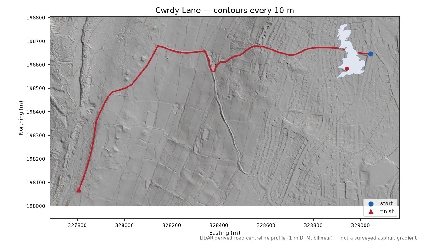 Cwrdy Lane LiDAR hillshade map with contours
