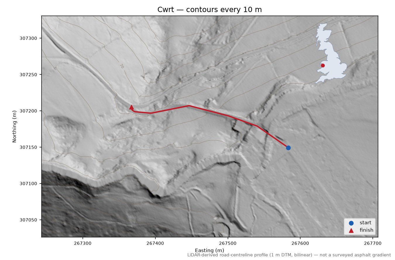 Cwrt LiDAR hillshade map with contours