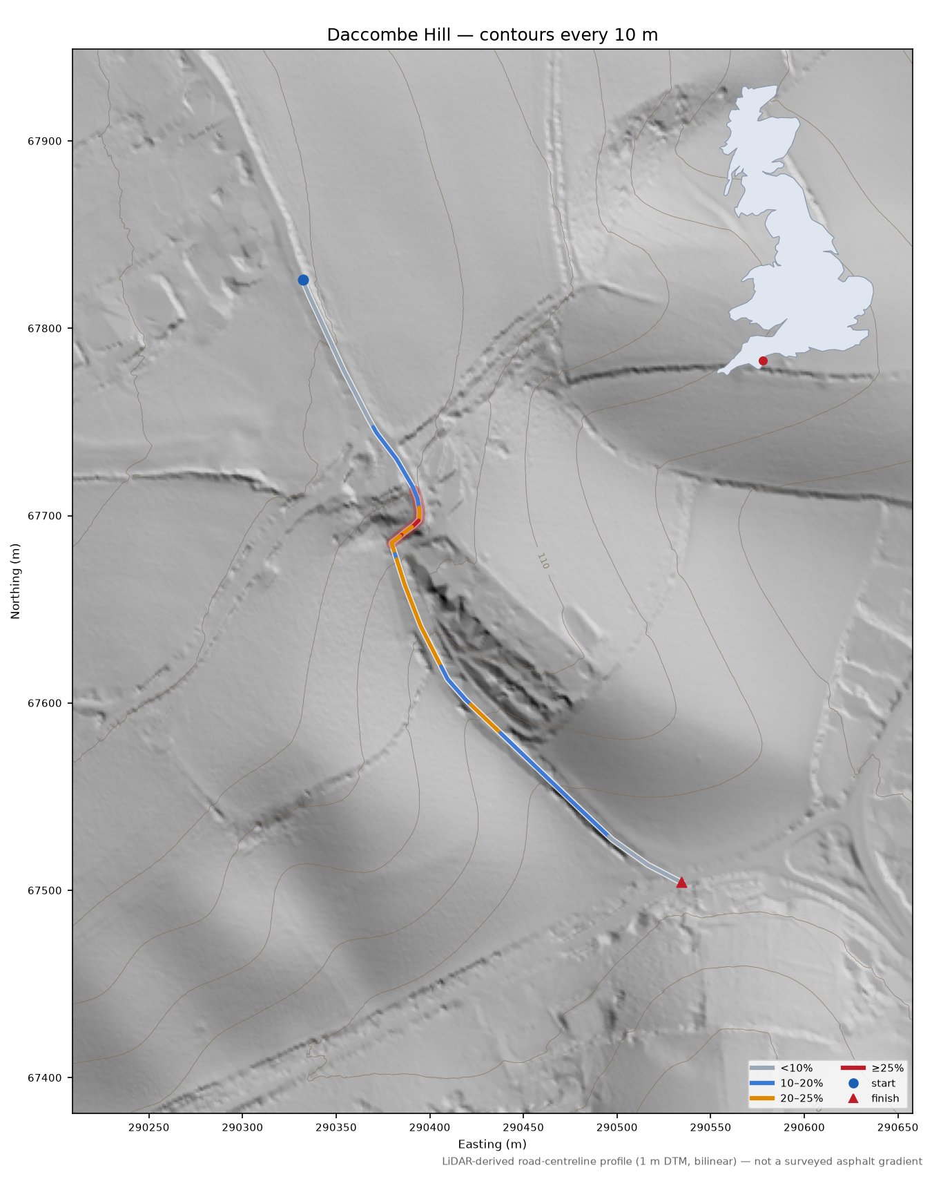 Daccombe Hill LiDAR hillshade map with contours