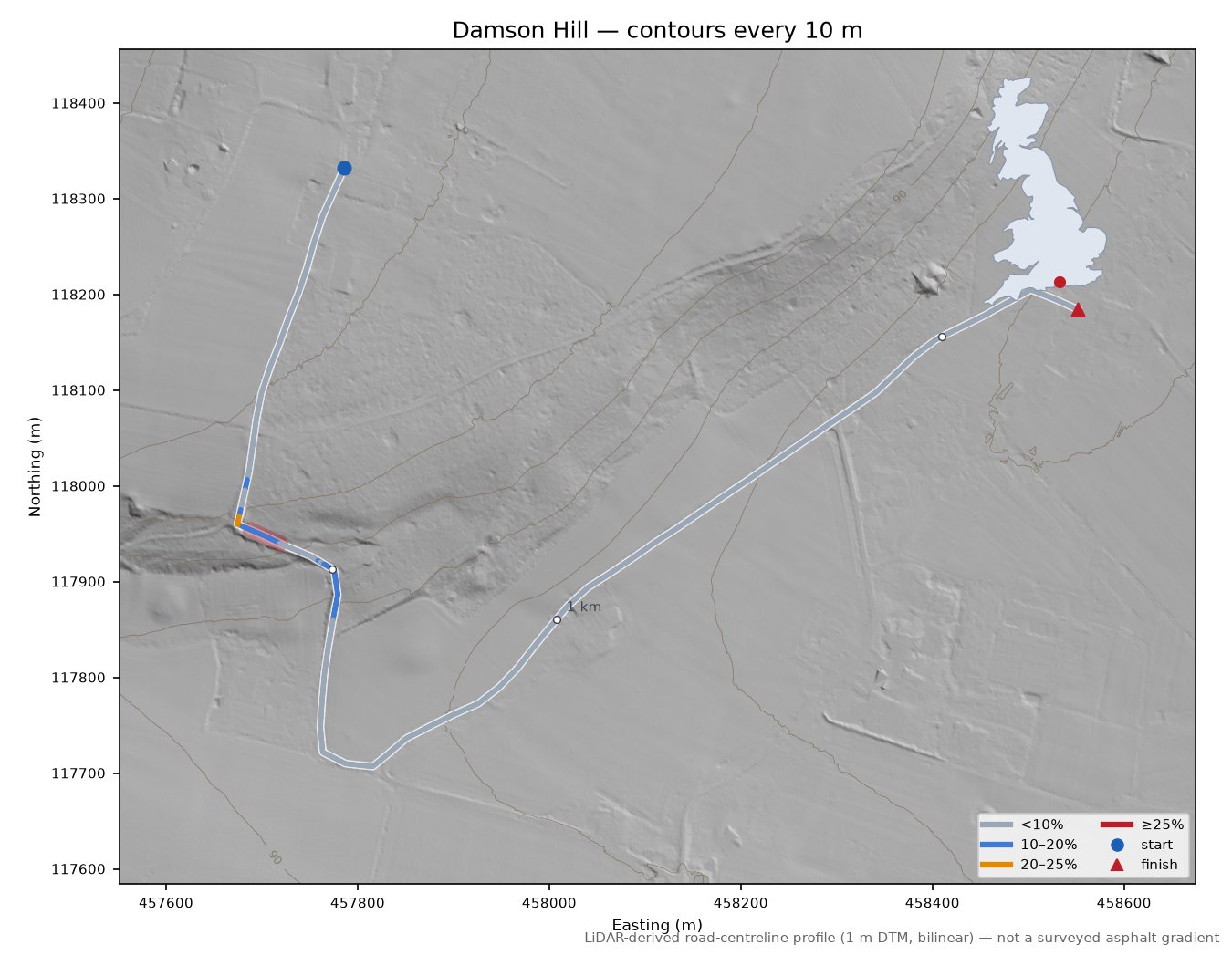 Damson Hill LiDAR hillshade map with contours