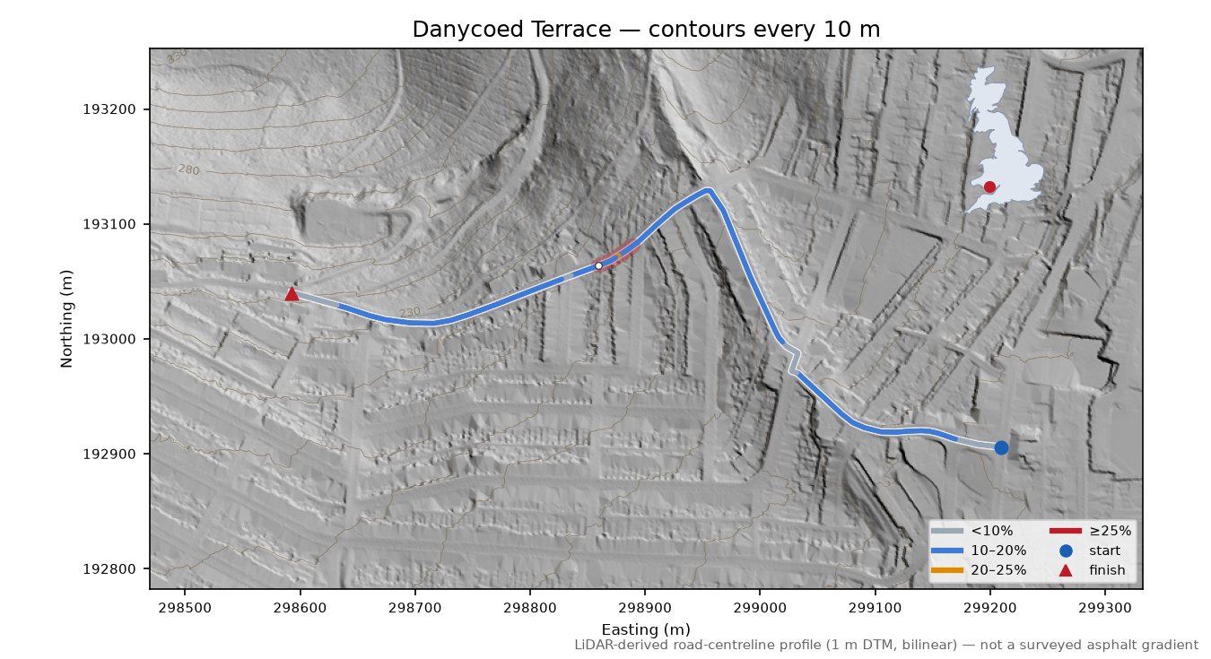 Danycoed Terrace LiDAR hillshade map with contours