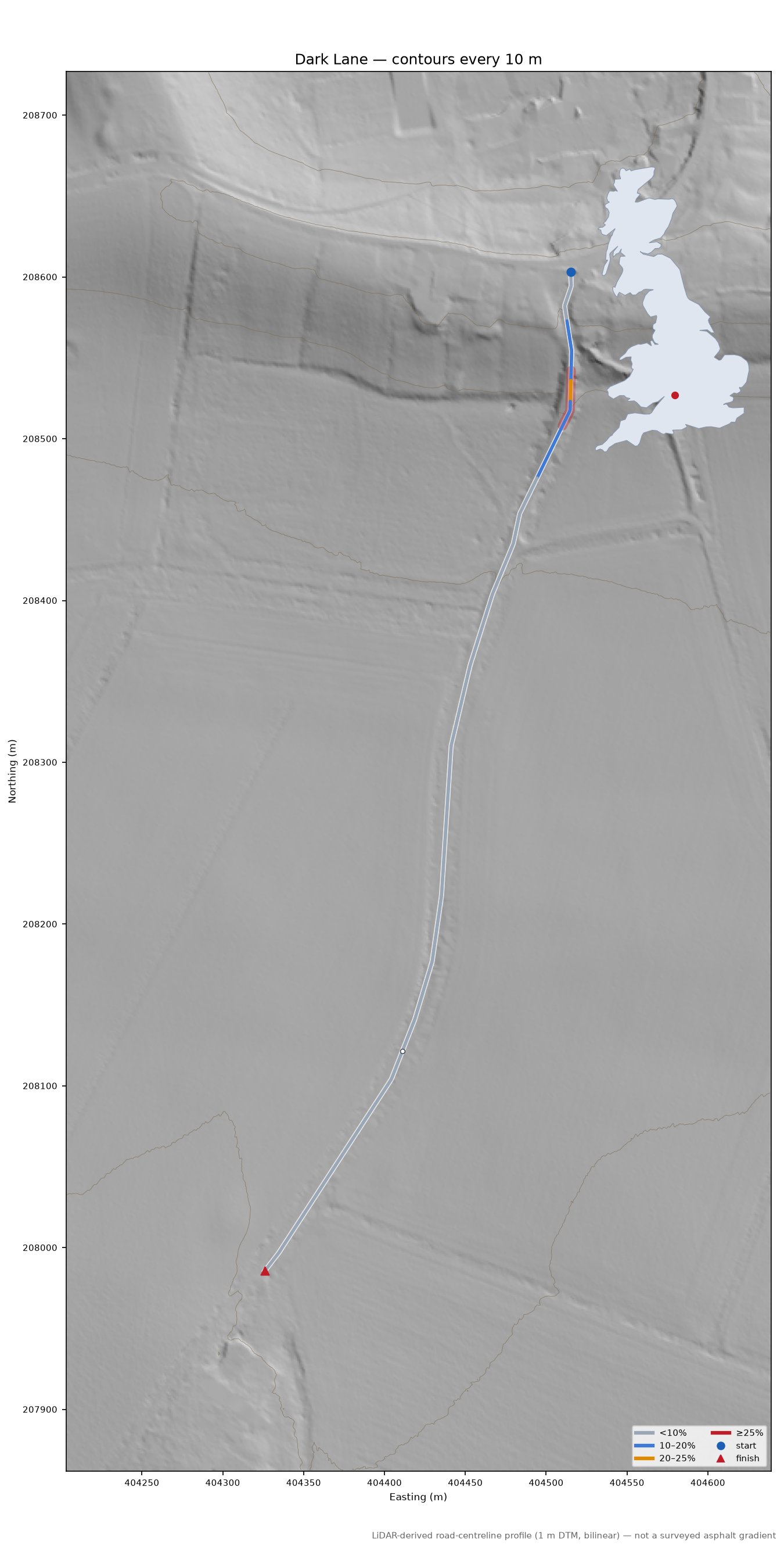Dark Lane LiDAR hillshade map with contours