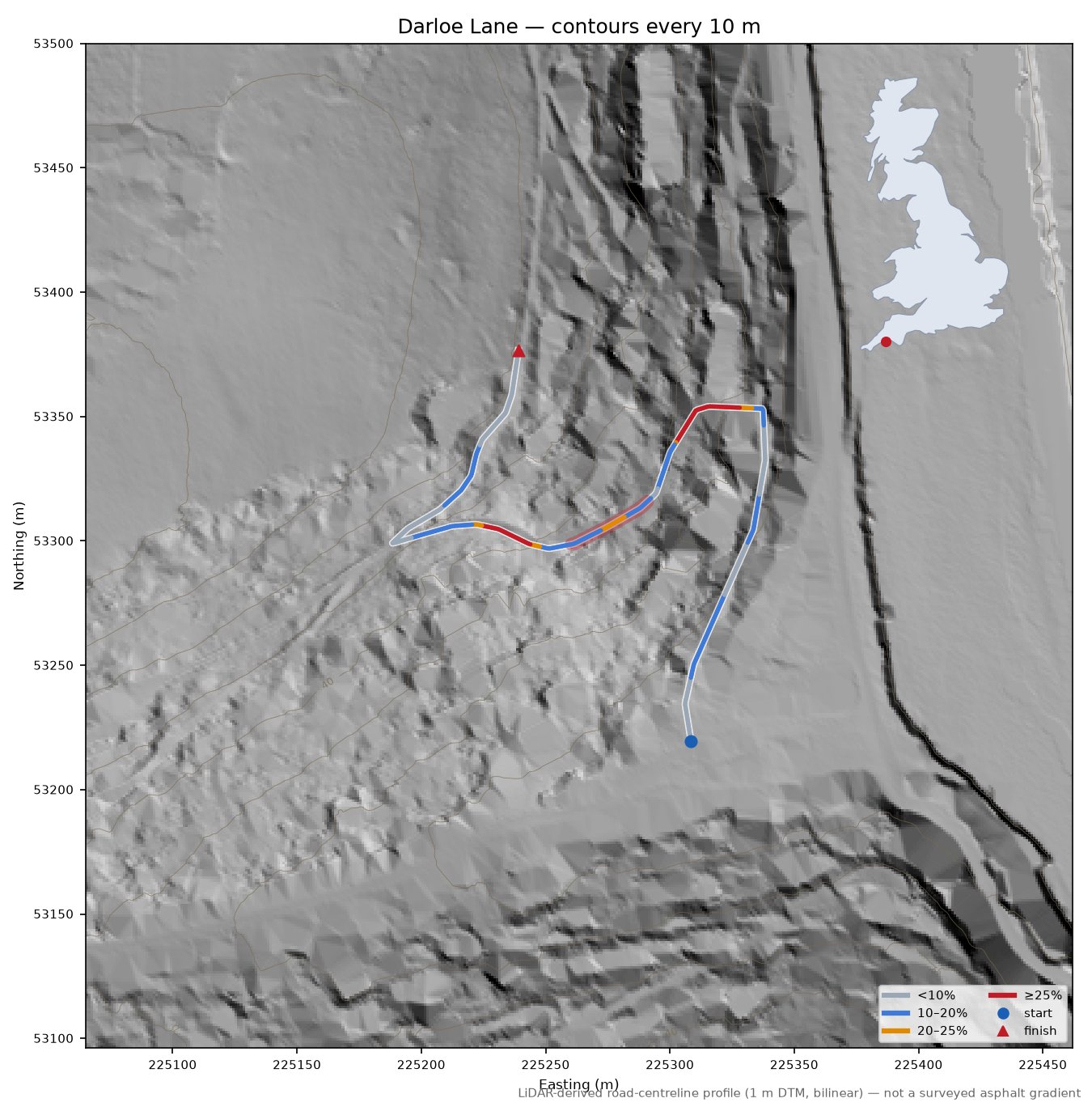 Darloe Lane LiDAR hillshade map with contours