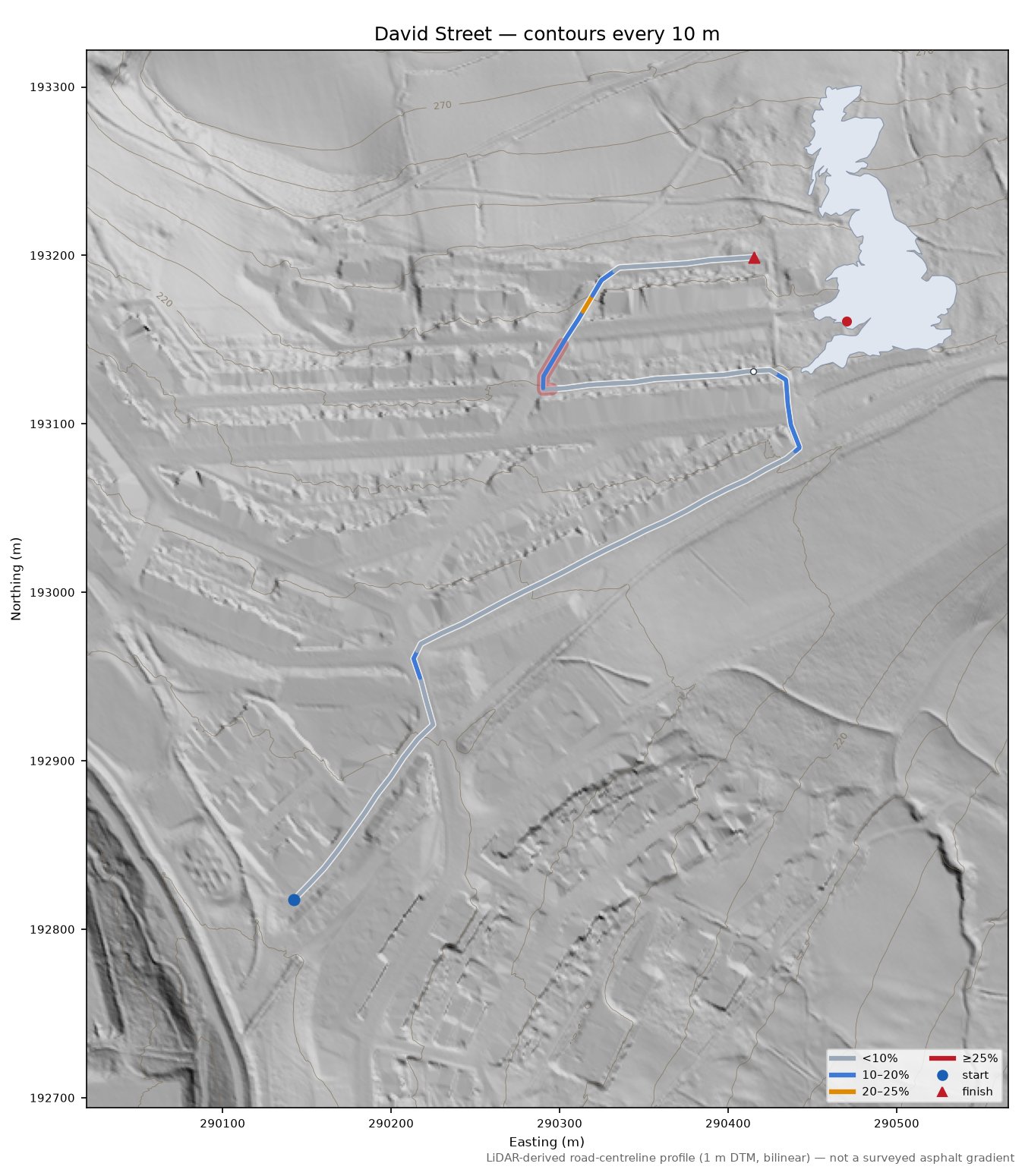 David Street LiDAR hillshade map with contours