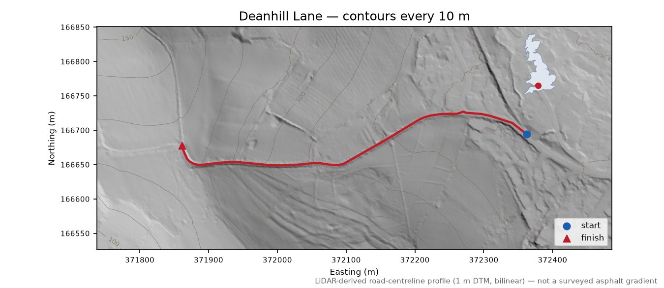 Deanhill Lane LiDAR hillshade map with contours