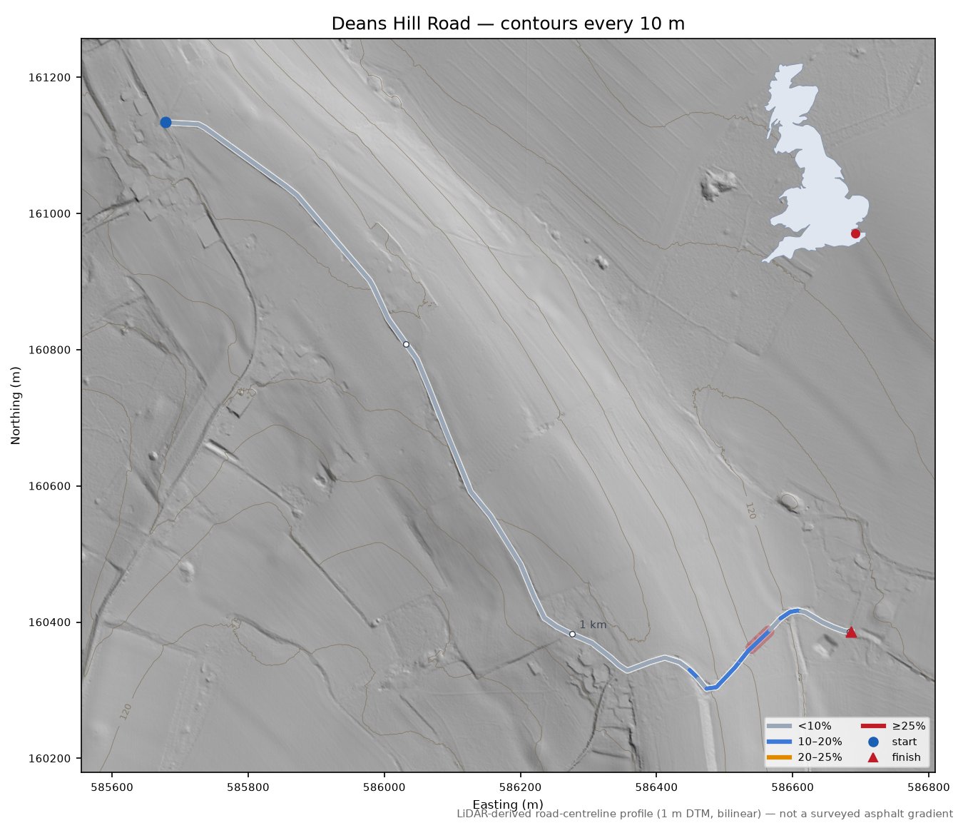 Deans Hill Road LiDAR hillshade map with contours