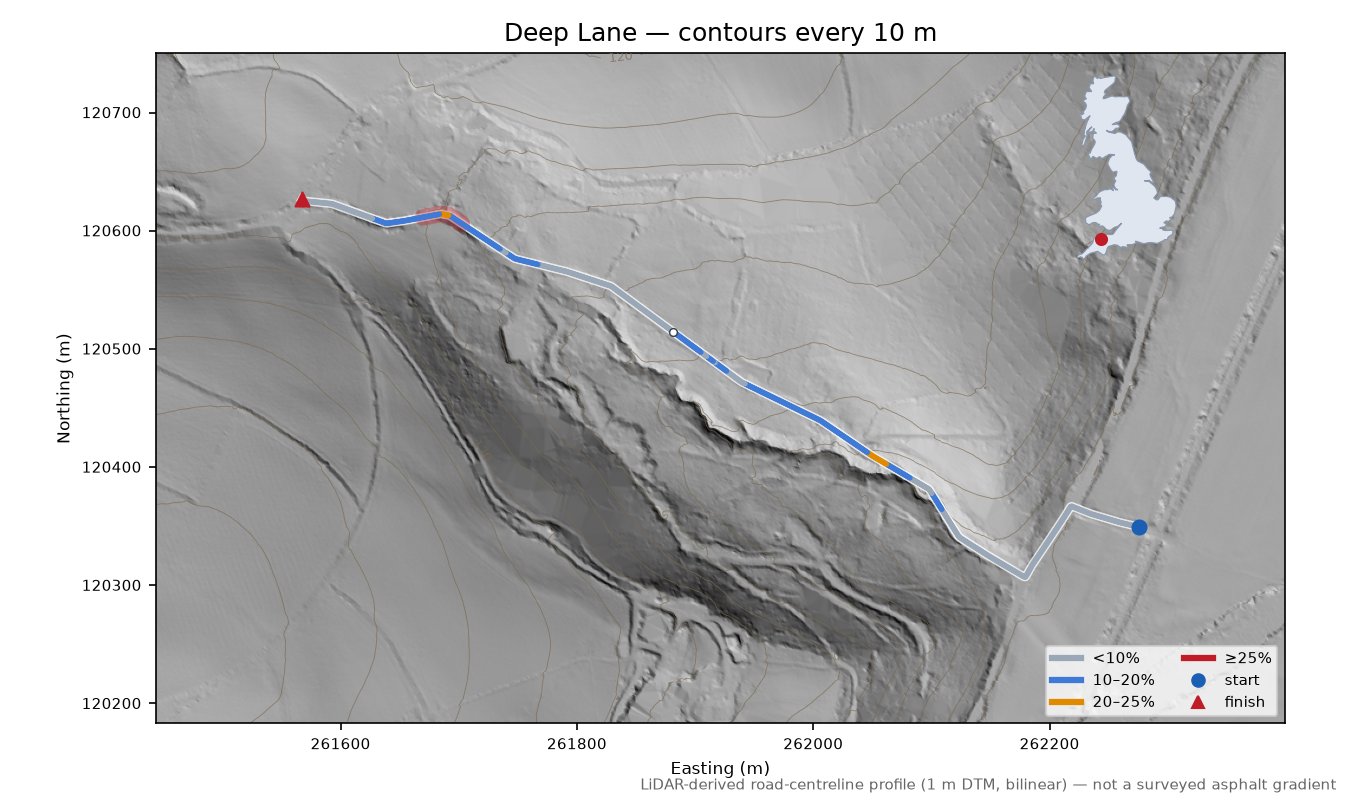 Deep Lane LiDAR hillshade map with contours