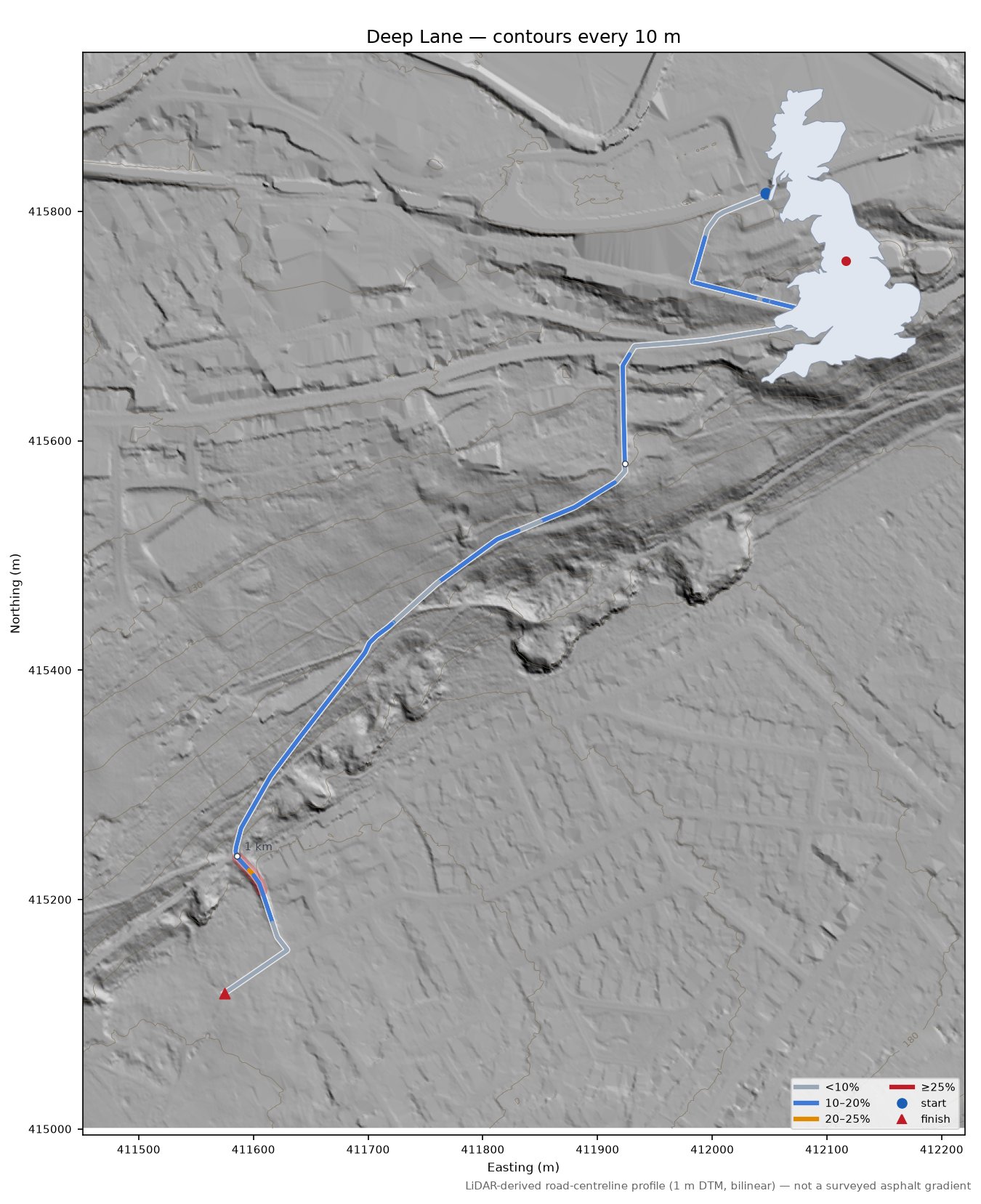 Deep Lane LiDAR hillshade map with contours