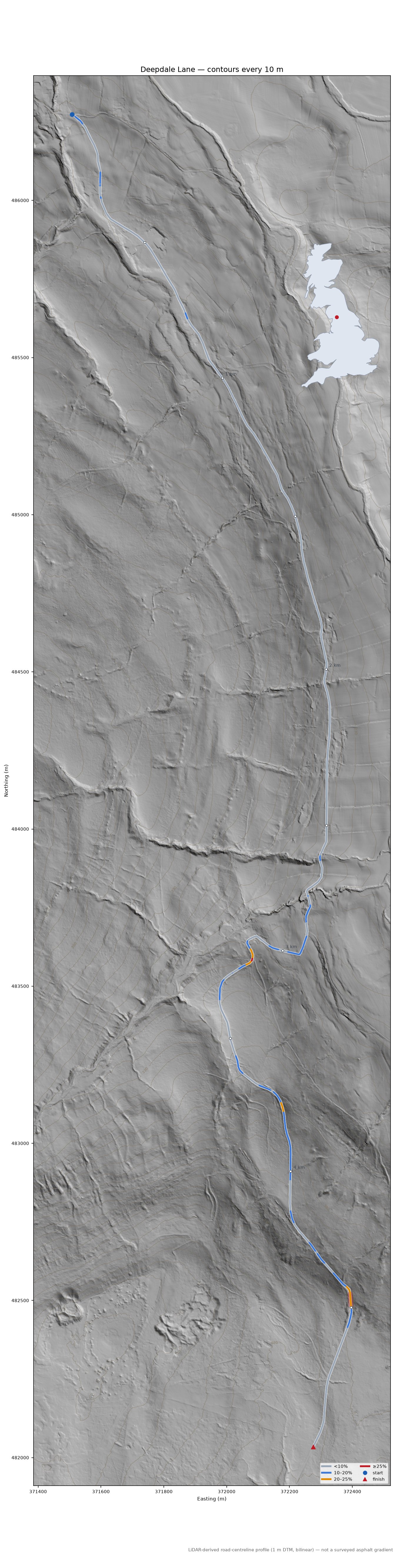 Deepdale Lane LiDAR hillshade map with contours