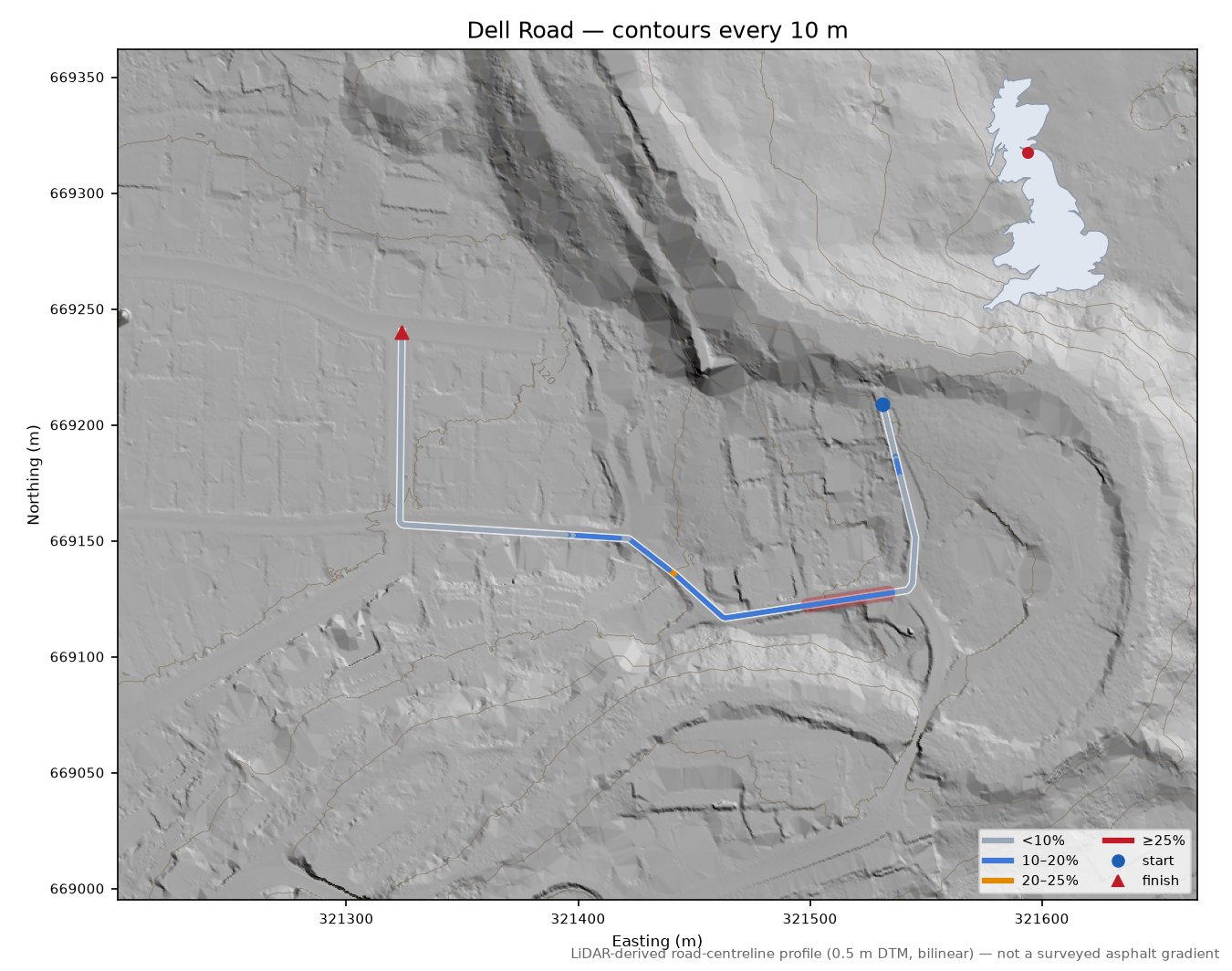 Dell Road LiDAR hillshade map with contours