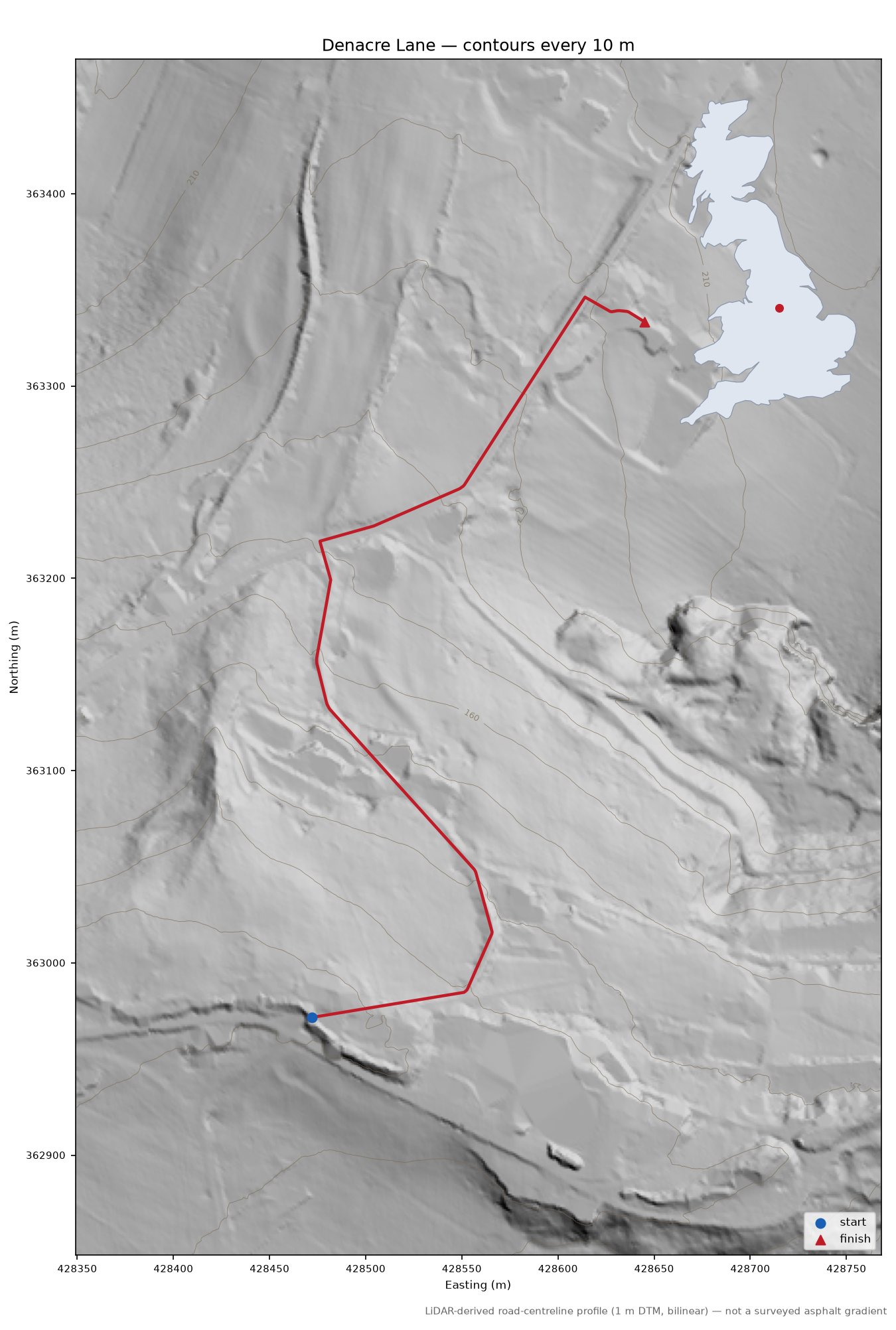 Denacre Lane LiDAR hillshade map with contours
