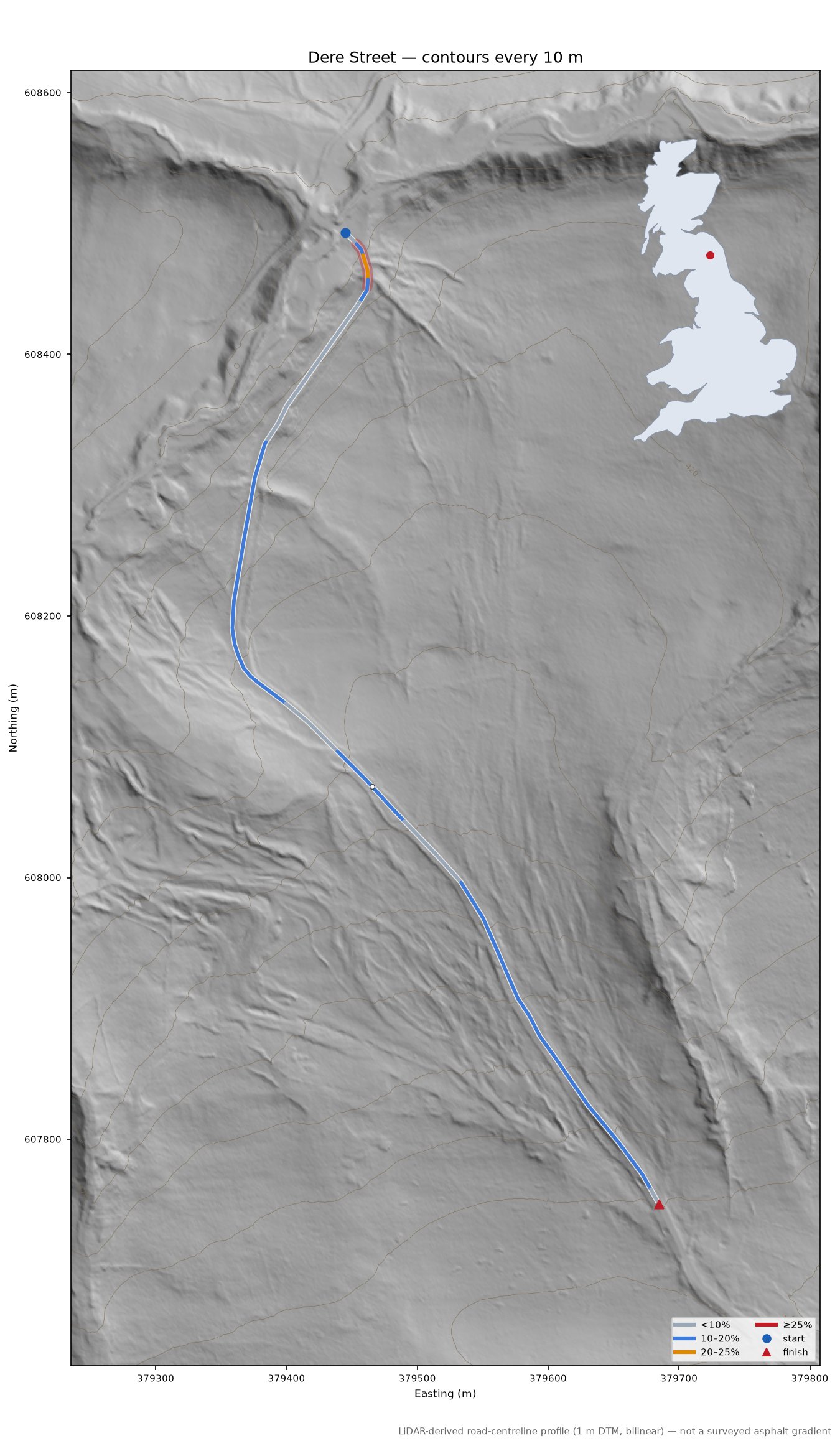 Dere Street LiDAR hillshade map with contours