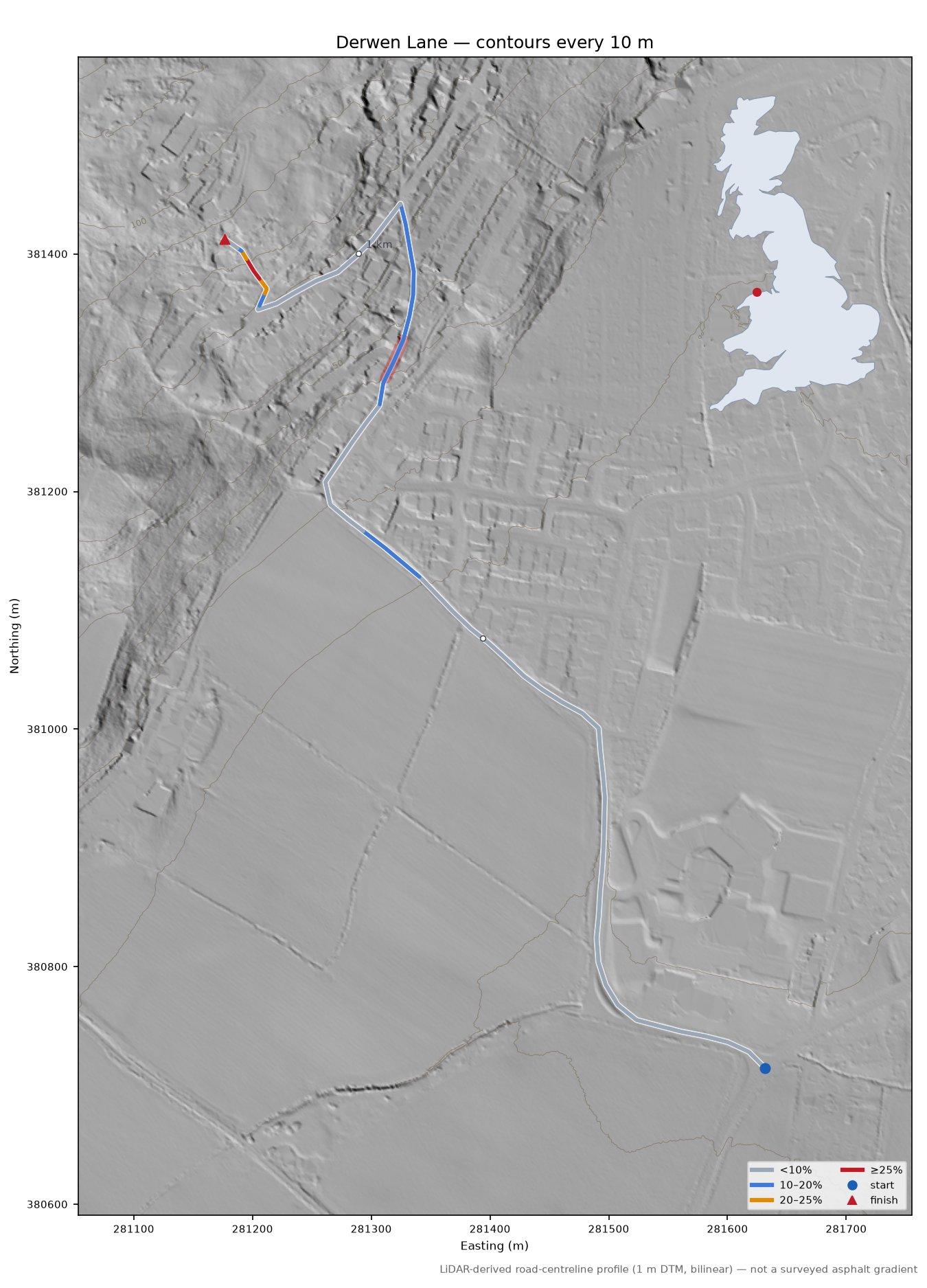 Derwen Lane LiDAR hillshade map with contours