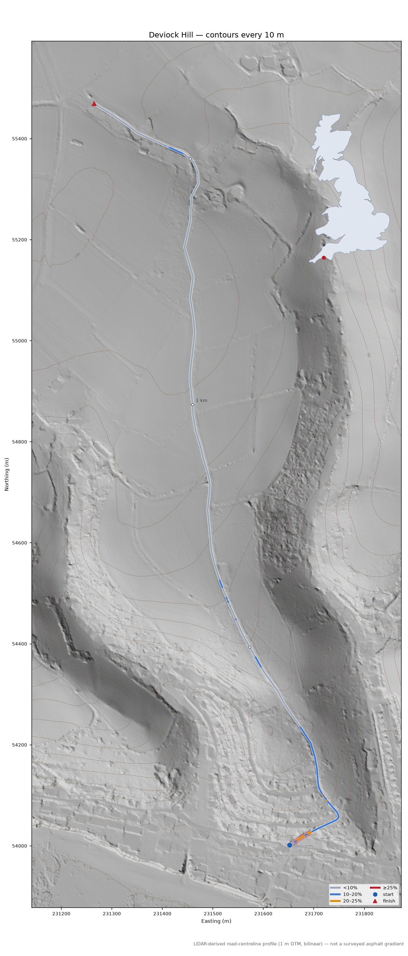 Deviock Hill LiDAR hillshade map with contours